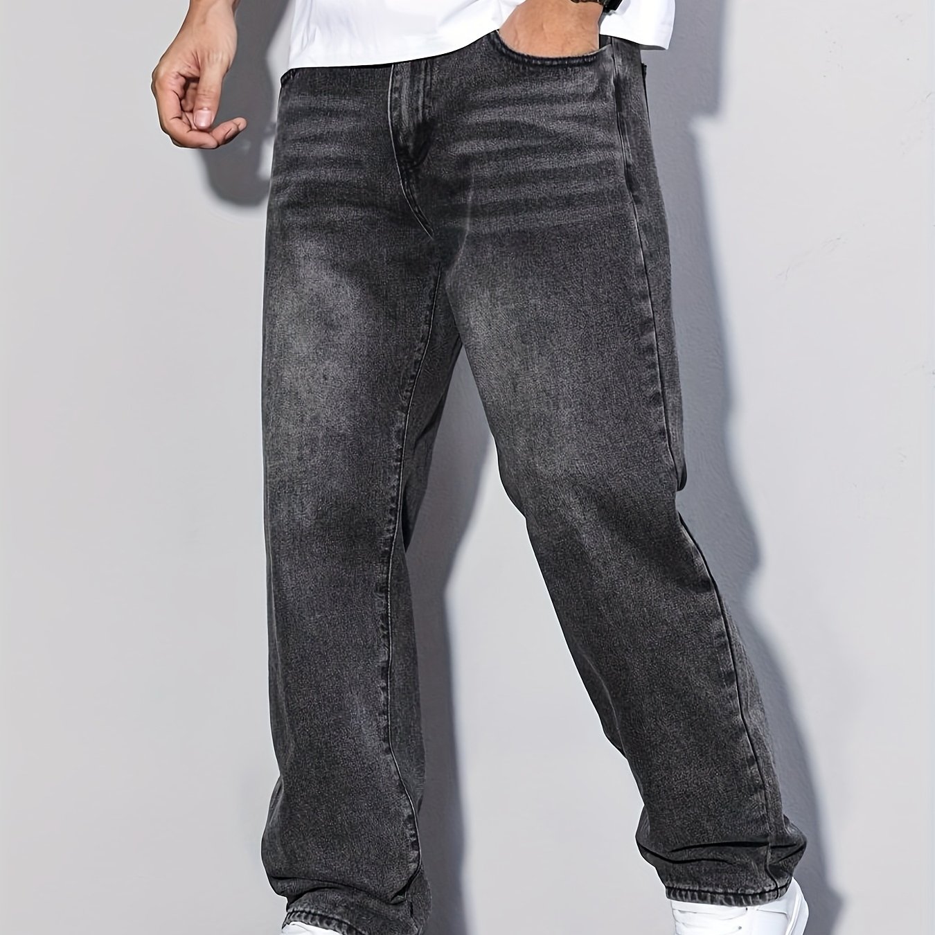 TEMU Jeans classiques mâles à jambes droites - Pur style décontracté, lavables en machine - Adaptés à toutes , style tendance et polyvalent