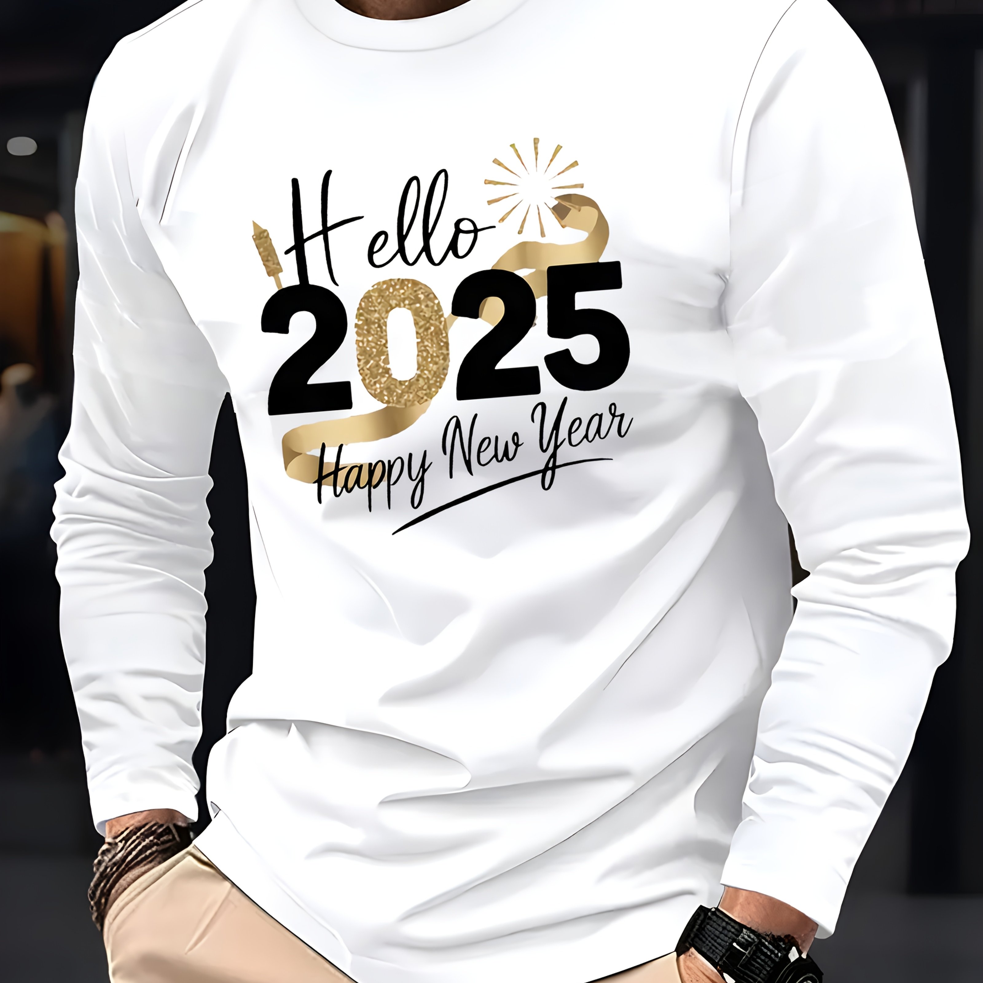 TEMU Hello 2025 Happy New Year" Men's Long Sleeve T-shirt - Casual & Sporty, Print On Black Polyester, Comfortable Crew Neck, Ideal New Year Gift