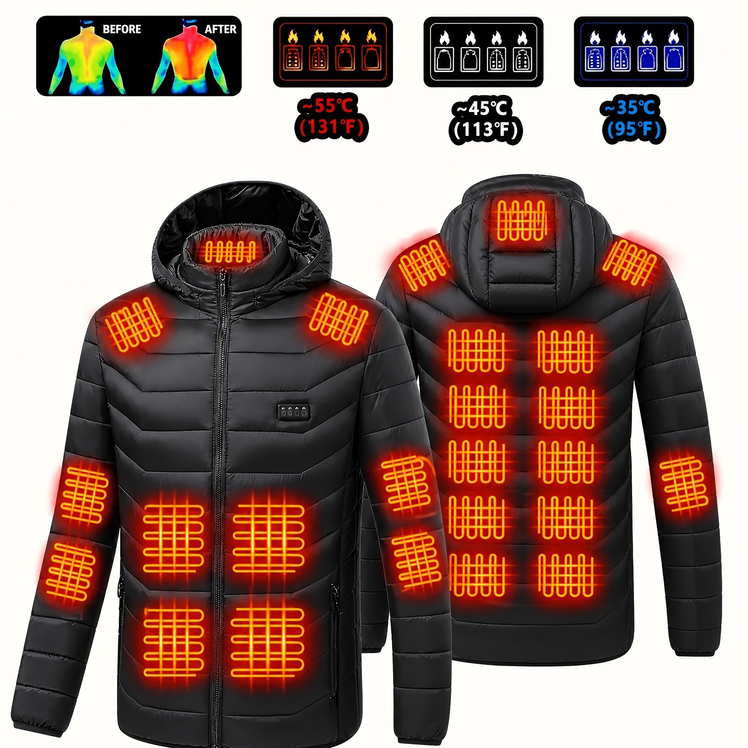 TEMU Unisex Winter Smart Elektrisches Heizjacke, Einfarbiges Kapuzen-Design, Herren Winter Warme Oberteil Oberbekleidung, 46 Heizzonen, Einstellbare