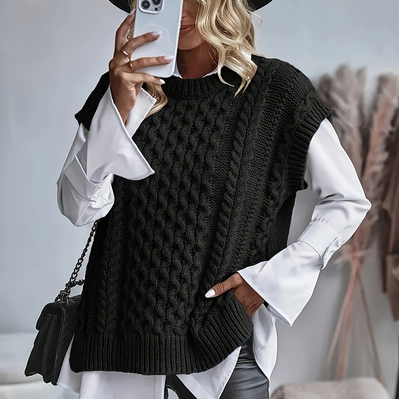 Image of Solid Cable Vest, Casual Sleeveless Round Neck Split Hem Top, Women's Fall Clothing, Women's Summer, Elegant Casual Women's Wear