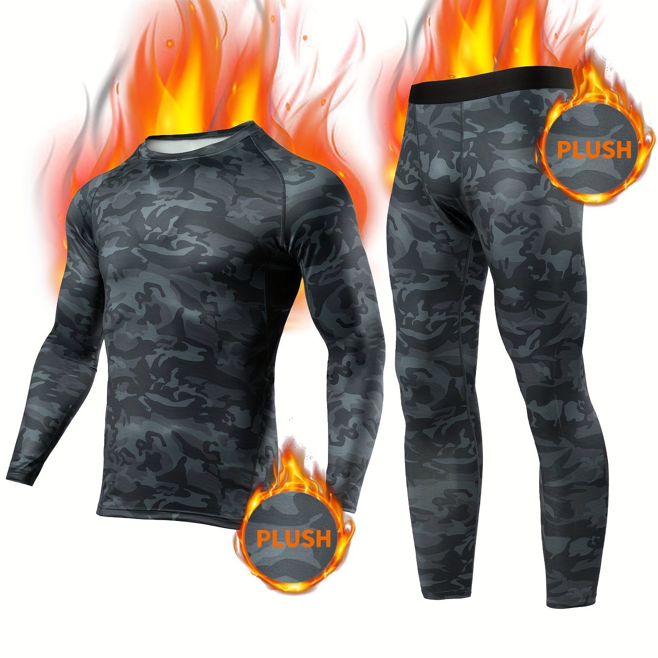 Image of Fashion Printed Thermal Sportswear Set, Thermal Underwear Set: Quick- Top + Breathable Compression Leggings, Suitable For Outdoor Sports, Athletic For Home Use, Hunting