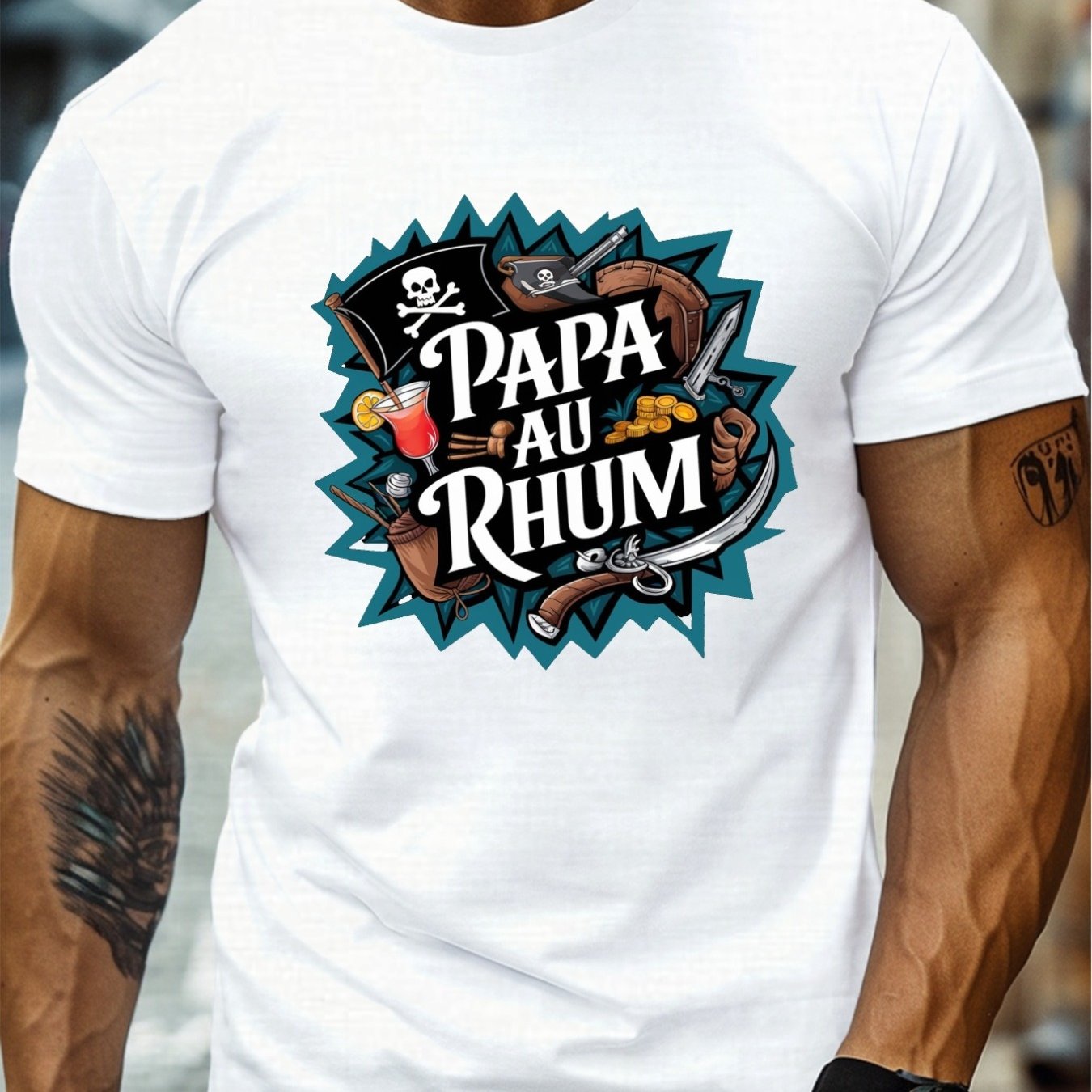 TEMU T-shirt pour homme " Dad" - T-shirt léger à manches courtes avec motif "PAPA AU ", crâne et art cocktail, lavable en machine, idéal pour l'été,