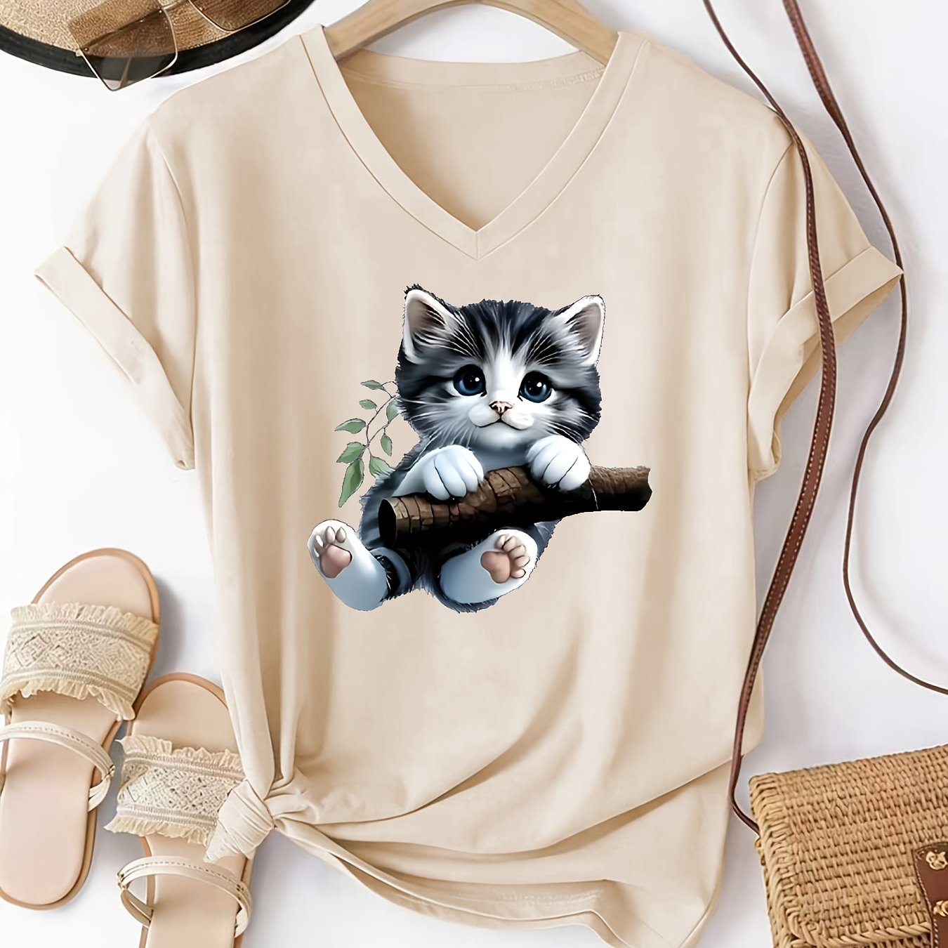 TEMU Women's V-neck Short-sleeve T-shirt With Cute Kitten Perched On A Branch Print, In Multiple Colors, Fresh And Summer Style, Versatile Top