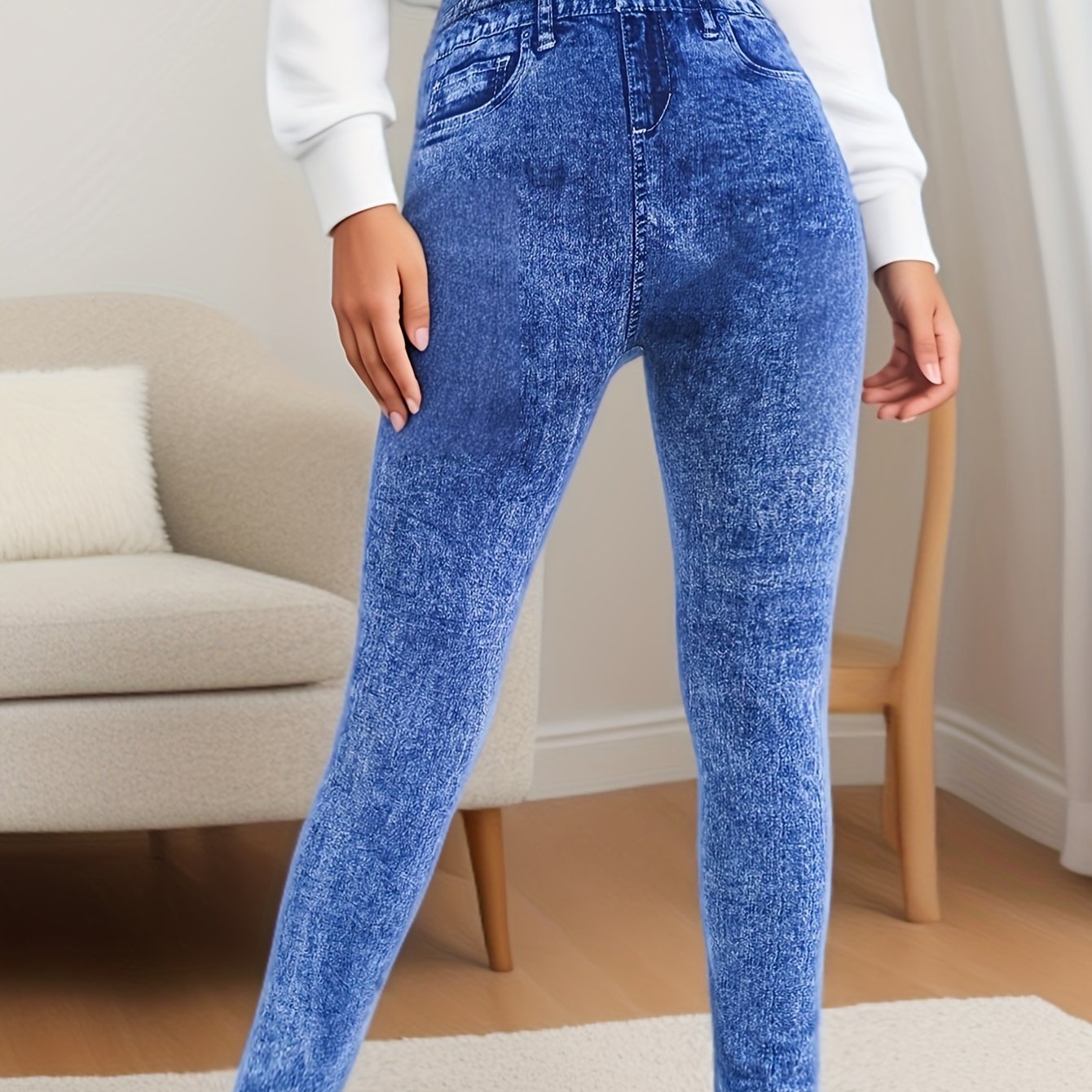 TEMU Elegant Fashion Jeans Leggings Bleached Pattern Leggings Women's Stretch High Waist Fitness Push Up Denim Outside Pants