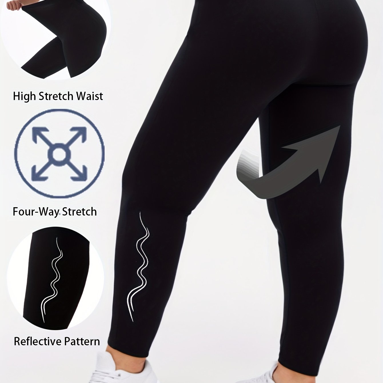 TEMU Plus Size - Plus Size - Women High Stretch Plus Size Fashion Striped Leggings Casual Points Pants Fabric Large Size Solid Color Reflective