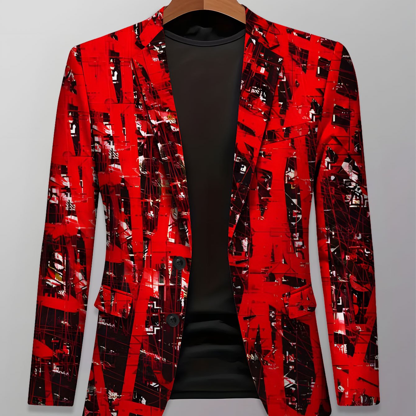 TEMU Fashion Men's Blazer Red Black Abstract Style Line Elements Contrast Print Two-button Closure Business Coat Street Trendy Clothing Casual