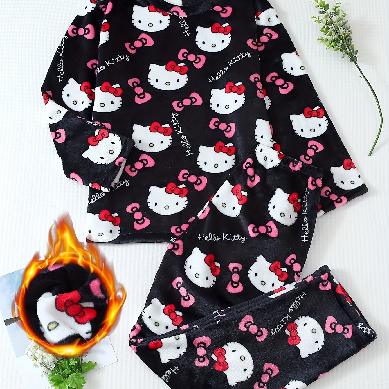 E-shop Damen Pyjama Set, Weiches, bequemes Rundhals Langarm Top und elastische Hosen, Plüsch Freizeit Haushalt Set