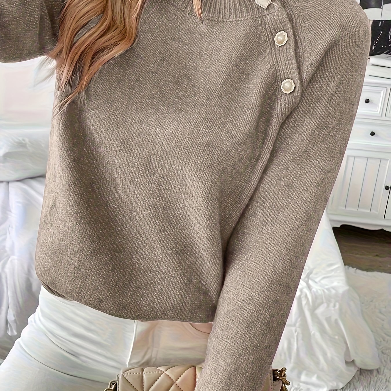 TEMU Women's Elegant Ribbed Sweater - Soft Crew Neck Long Sleeve Pullover, Solid Color Loose Fit, Spring And Fall Casual And Formal Wear, Women's Sweater