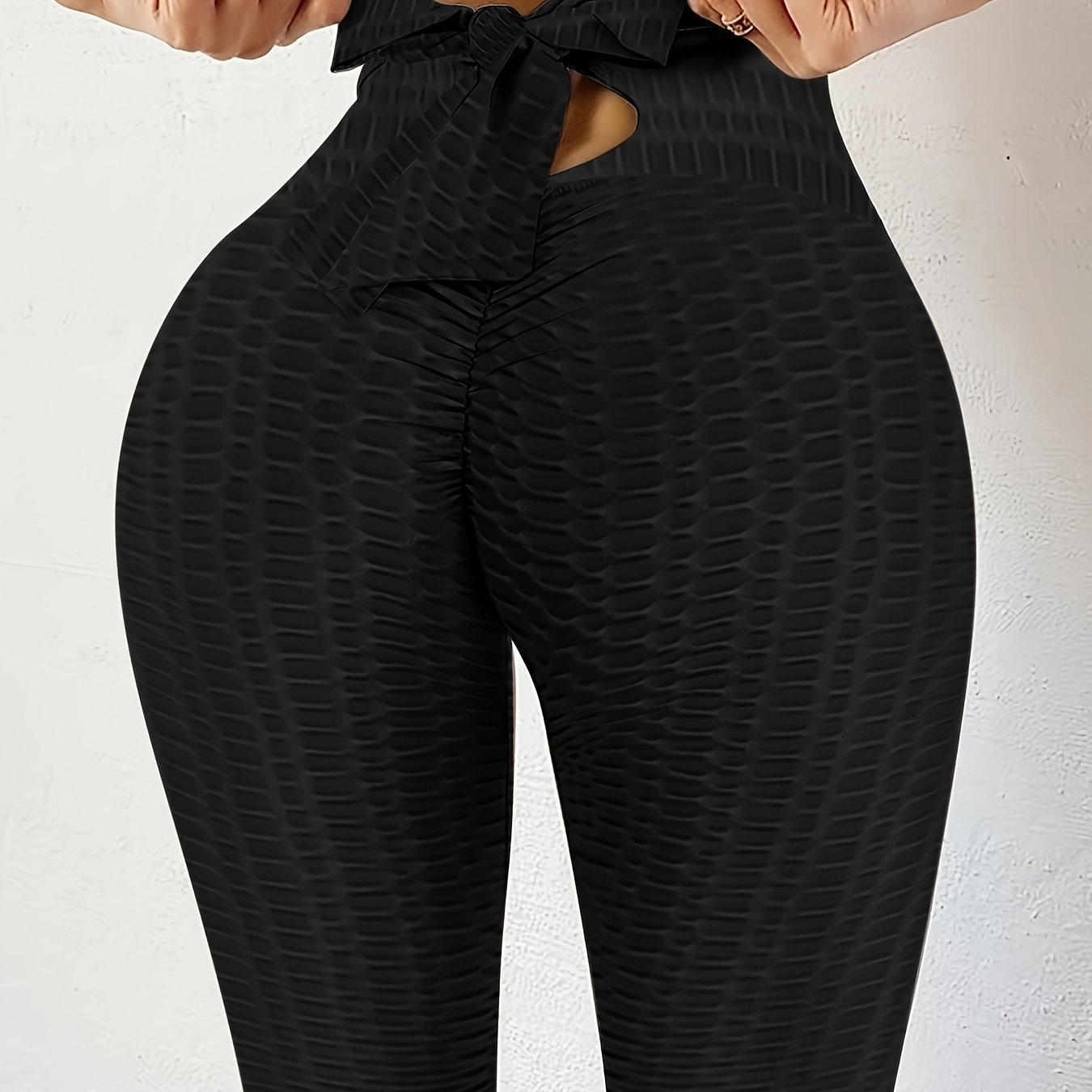 Image of Solid Color Lace-up Bow High Waist Yoga Fitness Leggings, Stretchy Running Sports Leggings, Women's Sportswear