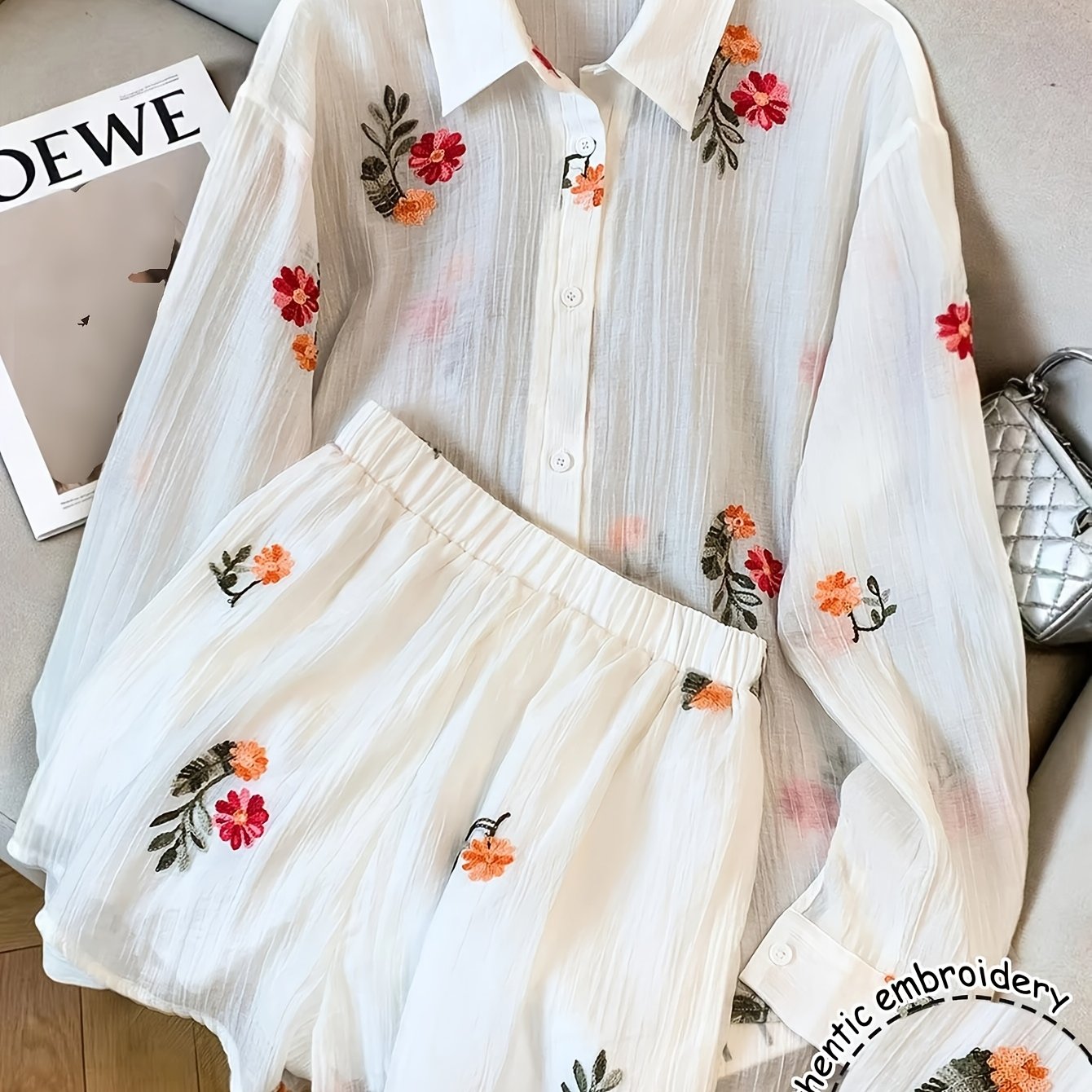 E-shop ASD1 Frühling/Sommer Lässiges Elegantes Freizeit-Outfit für Urlaub, Pendeln, Date, Outdoor, Romantisches Langarmshirt mit floraler Stickerei