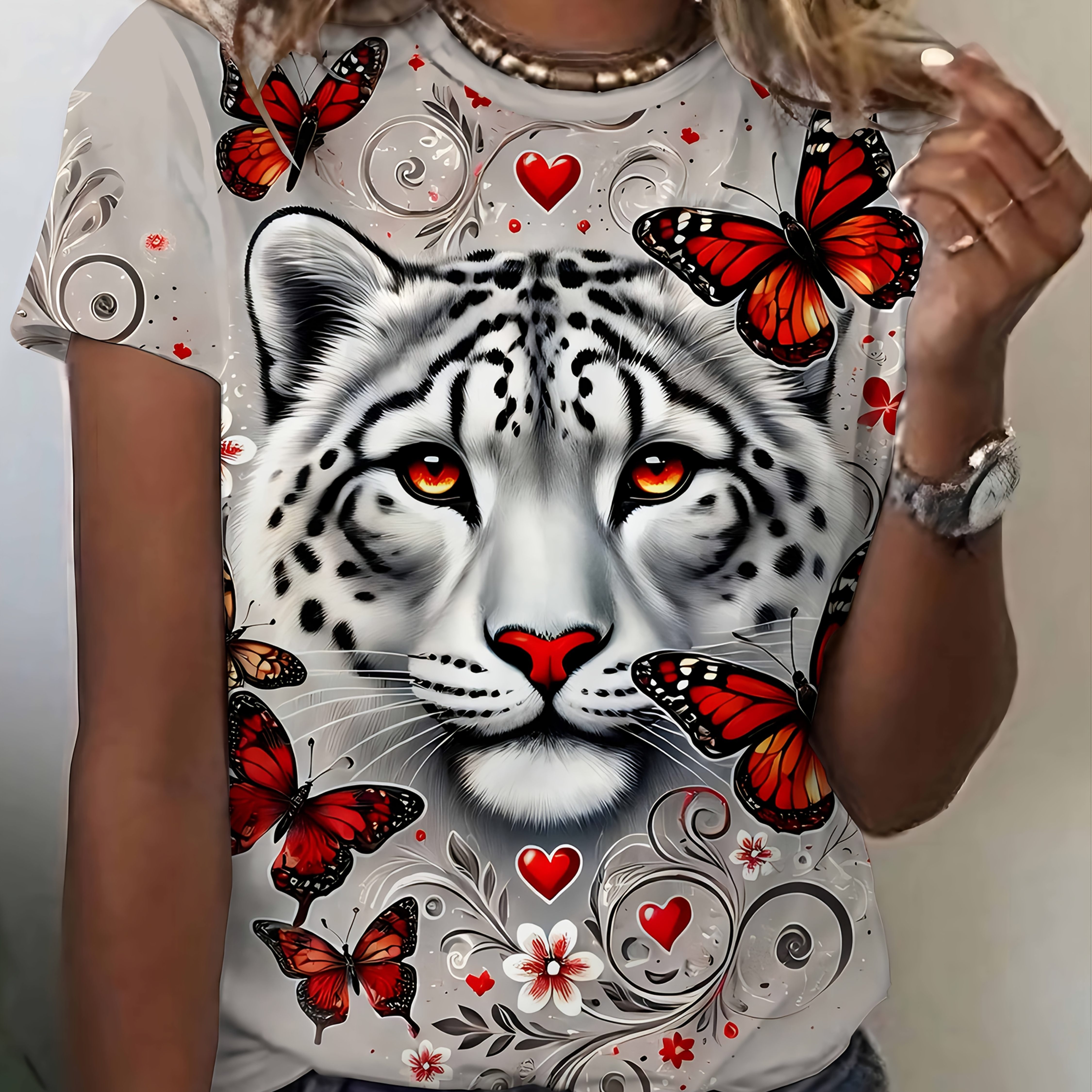 TEMU A Fashionable And Comfortable Round-neck Top For Women, Featuring Heart, , And Tiger Print Designs. Suitable For Daily Wear Or As A Gift