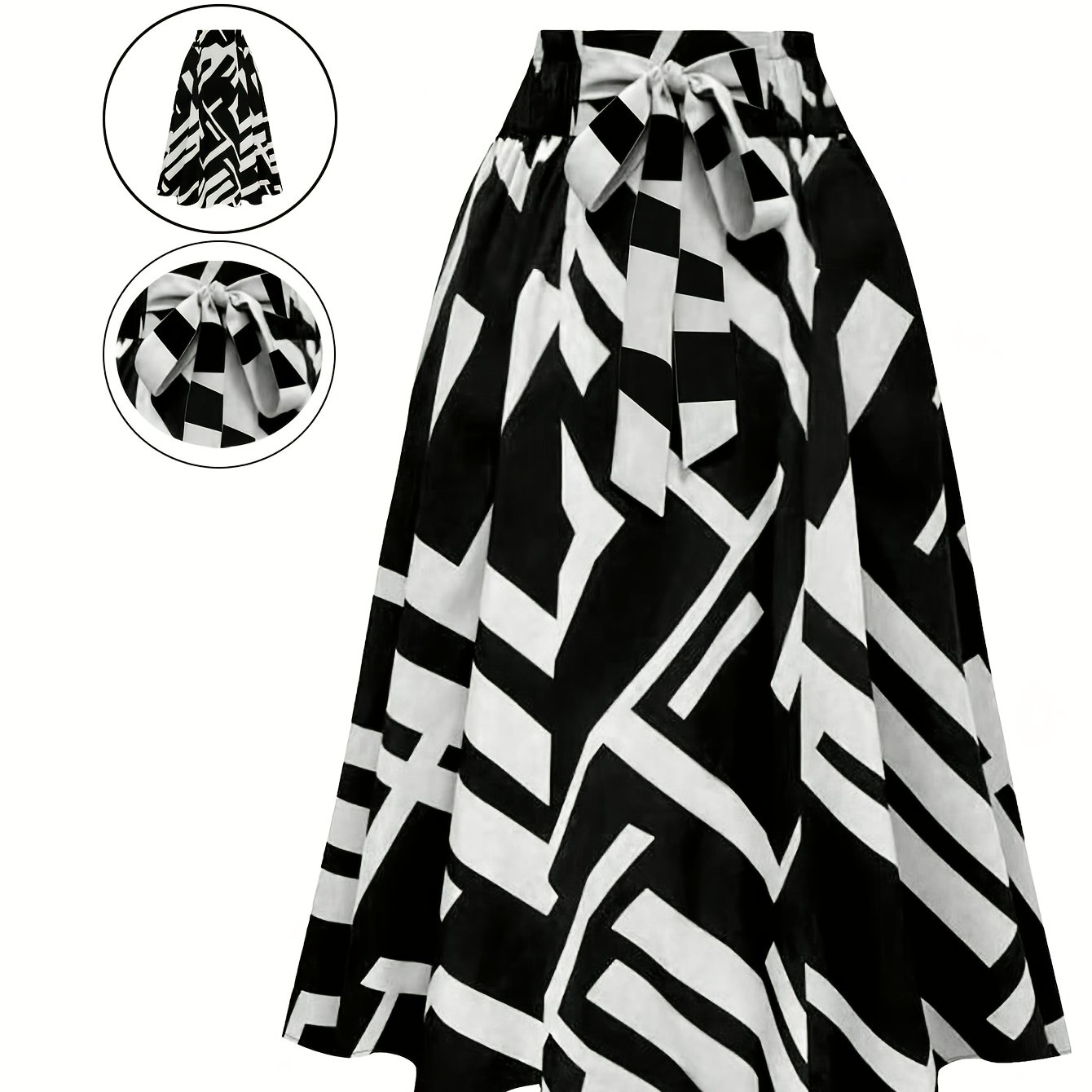 TEMU Women's Fashionable Color Block Casual Printed A-line Skirt With Tie-waist Bow, Elegant And Versatile For Commuting Style