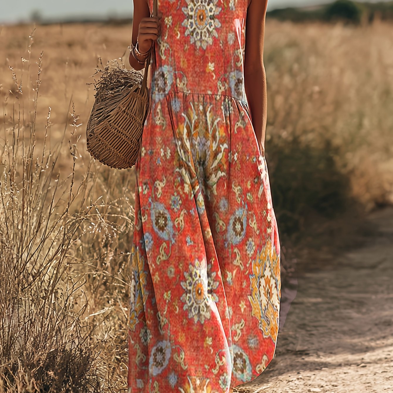 Image of 2026 Boho Maxi Dress Resort Style Bohemian Print Sleeveless Long Dress Sleeveless Casual Dress Loose Large Swing Skirt Resort Wear Summer New Casual Versatile Age-reducing Print Dress
