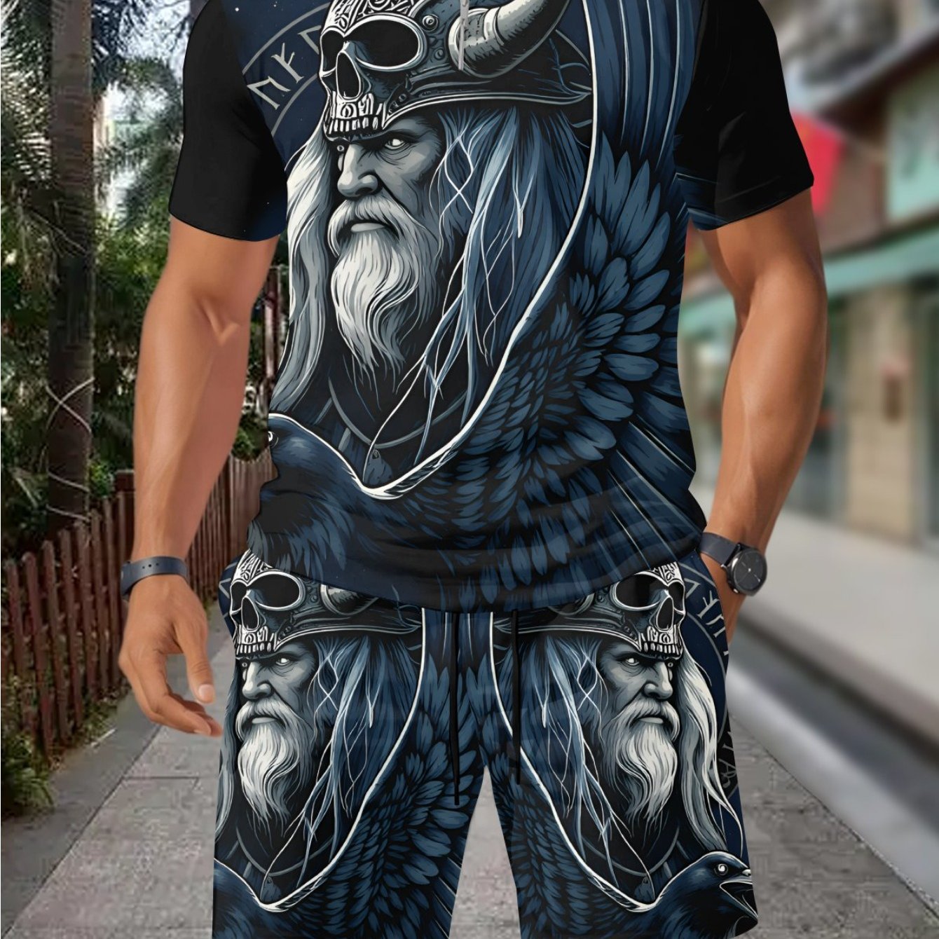 Image of Men's Shirt Shorts Set Skull Helmet Long Beard Crow Bird 3d Beach Vacation Street Style Adults Men Summer Sportswear Outfit