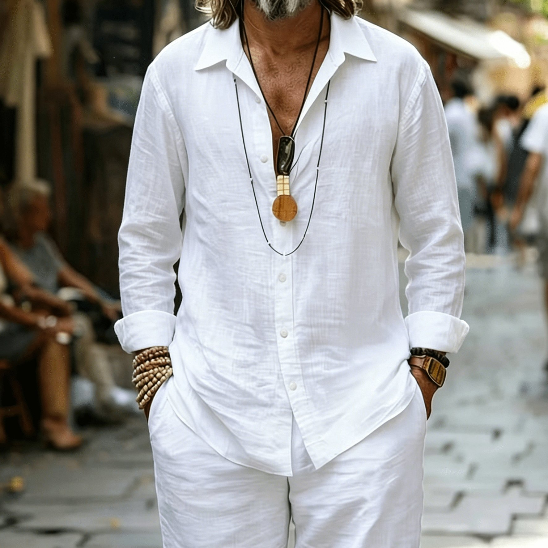 TEMU Men's Linen Long-sleeve Shirt And Shorts 2pcs Set, Loose-fitting Breathable Vacation Casual -linen Outfit, Vintage Relaxed Style For Middle-aged