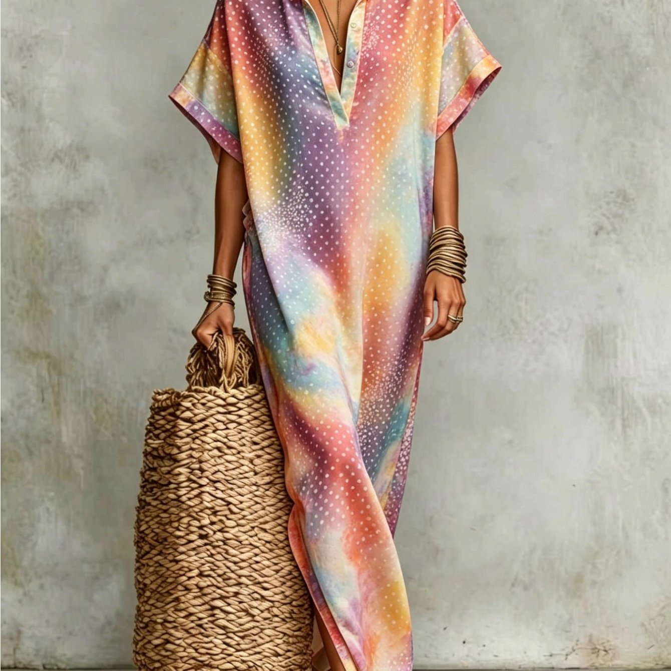Image of Plus Size - Summer Women's Dress Rainbow Gradient Tie-dye Polka Dot Print Long Maxi Dress Shirt Collar Short Cuff Sleeve Oversized Loose Split Hem Elegant Colorful Summer Outfit