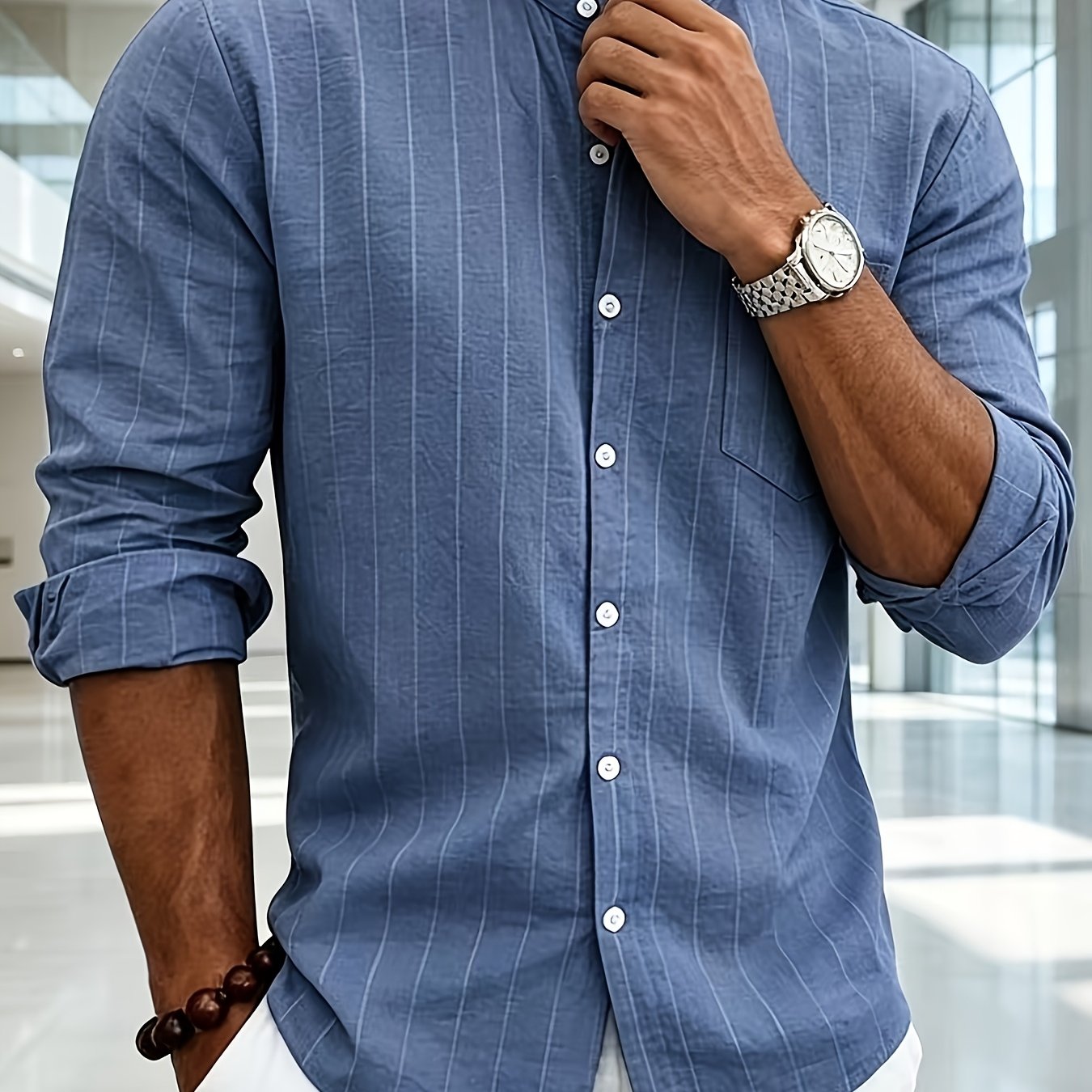 TEMU 2026 's Vertical Striped Collar Shirt, Breathable Casual Dress Shirt, Spring Summer Vacation Top