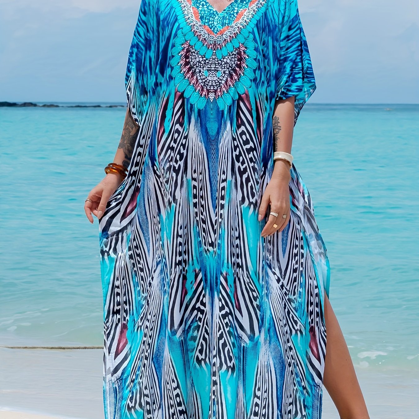 Women's Middle Eastern Robe, V-neck Loose Bohemian Style Vacation Beach Dress