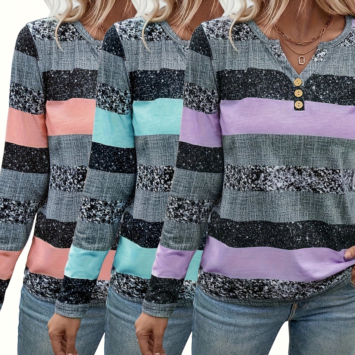 Image of 3pcs /autumn Random Print V-neck Button Long Sleeve Loose Fit Casual Top Base T-shirt, Comfortable And Stylish - Suitable For Daily And /autumn