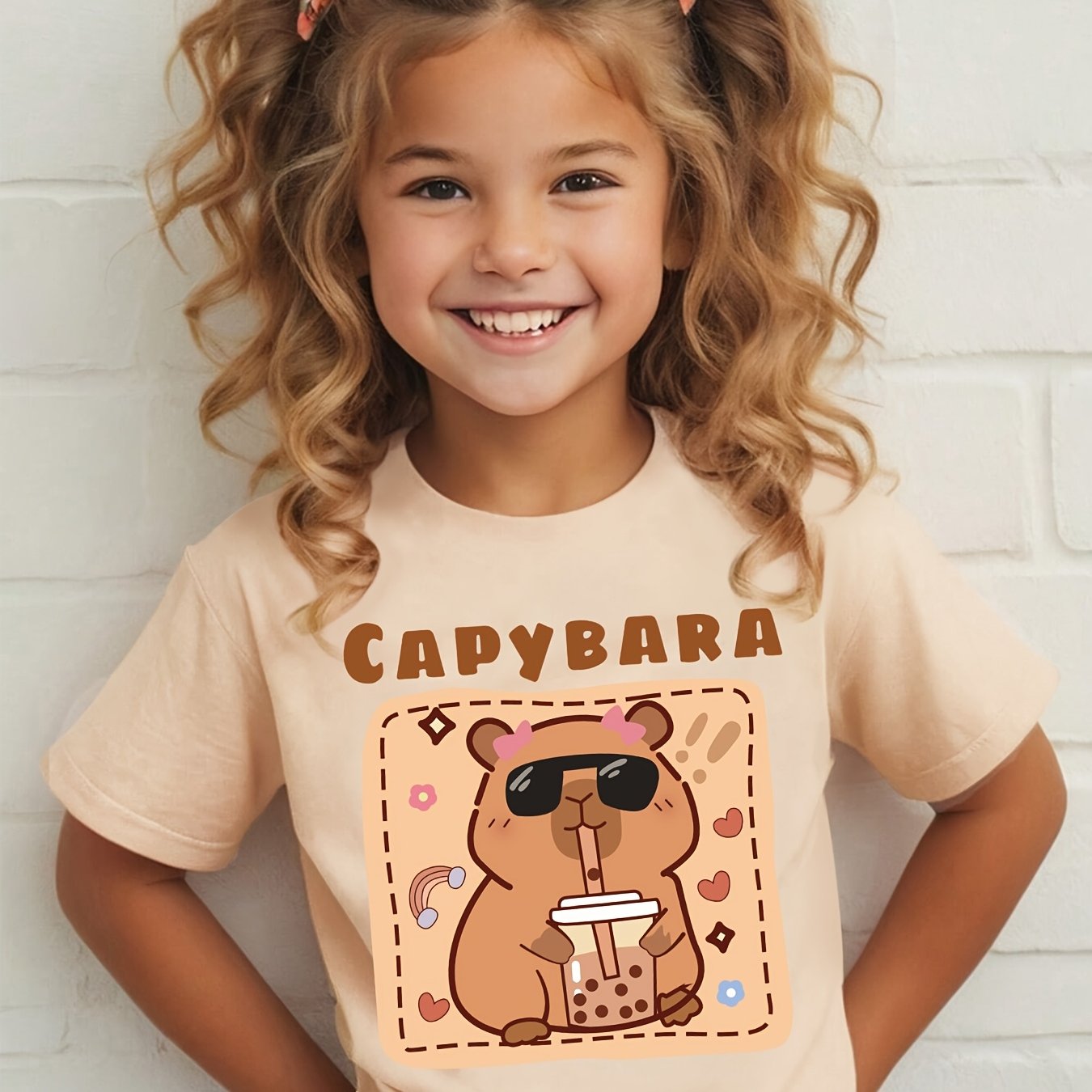 Image of Summer Fashion Girls' Short Sleeve T-shirt Capybara Wearing Glasses Drinking Milk Tea Cartoon Pattern Top Nydx5497