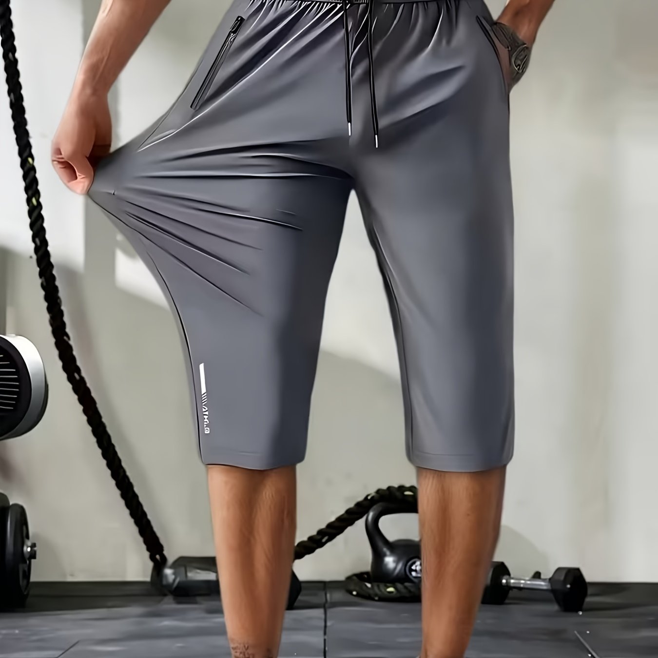 TEMU Summer Men's Bermuda Shorts, Nylon Material With , Breathable High-elastic Fabric, Waist Drawstring And Zipper Pocket Men's Casual Athletic