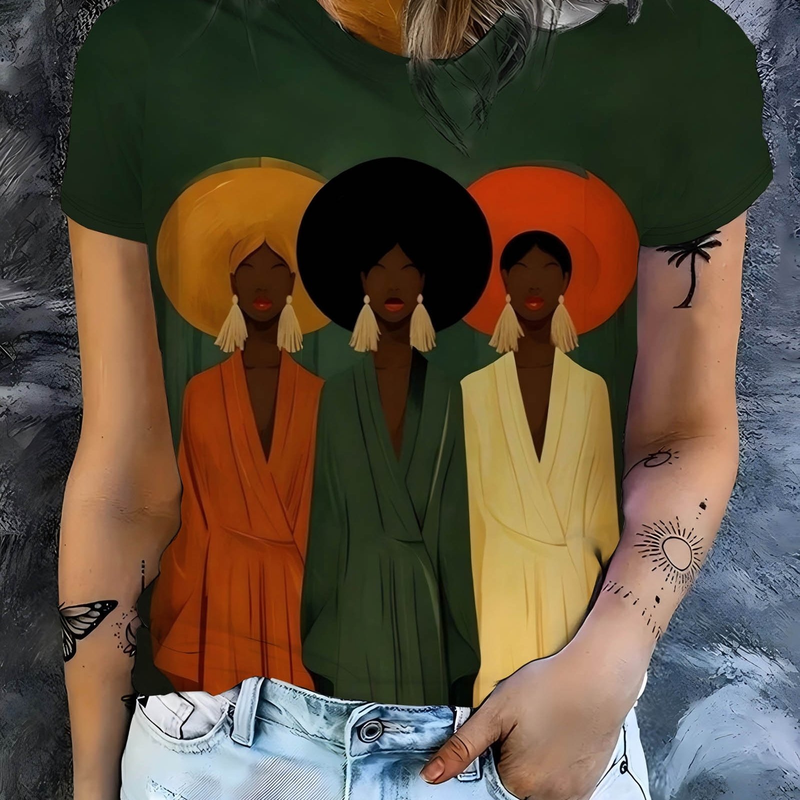 TEMU T-shirt couleurs sœurs fleurs, portrait rétro contrasté style tribal à manches courtes, haut décontracté et confortable pour femmes, -shirt