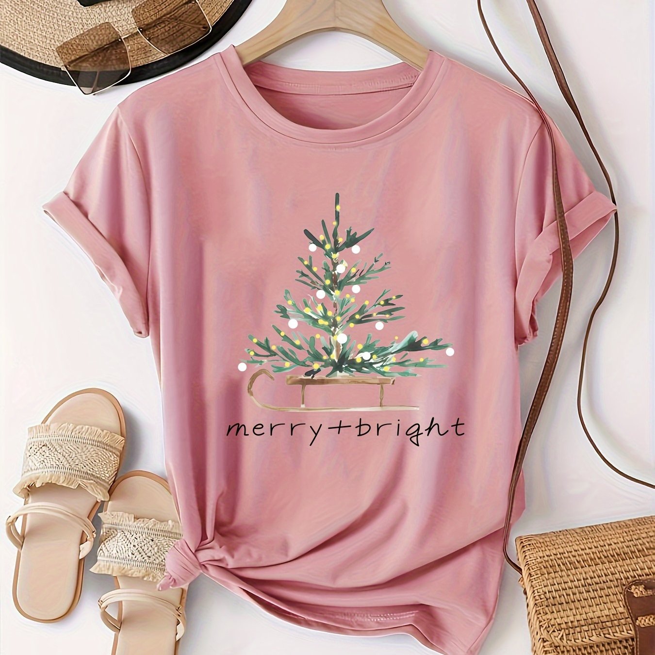 TEMU Women's Christmas Graphic T-shirt - White Casual Short Sleeve Round Neck Tee With Festive "" Sled & Tree Print, Machine Washable Holiday Top For Wear, Seasonal Fashion, Medium Fabric