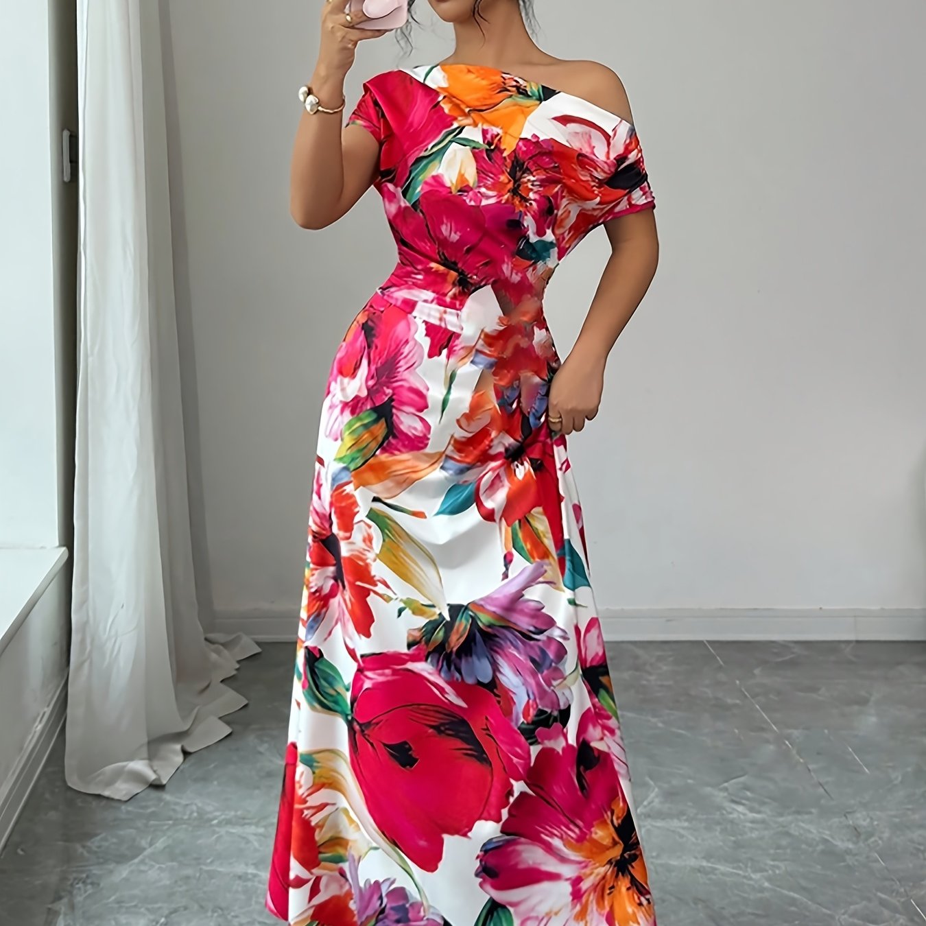 TEMU Elegant, Exquisite And Fashionable Women's Floral Print Asymmetric One-shoulder Neck Dress, Bridesmaid Dressside Waist Pleated Slim -cinching