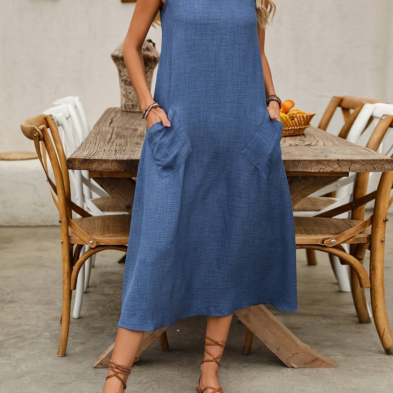 TEMU Elegant Sleeveless Maxi Dress For Women - Solid Color, Loose Fit, Crew Neck With Pockets, Perfect For Spring/summer, Casual |loose Fit