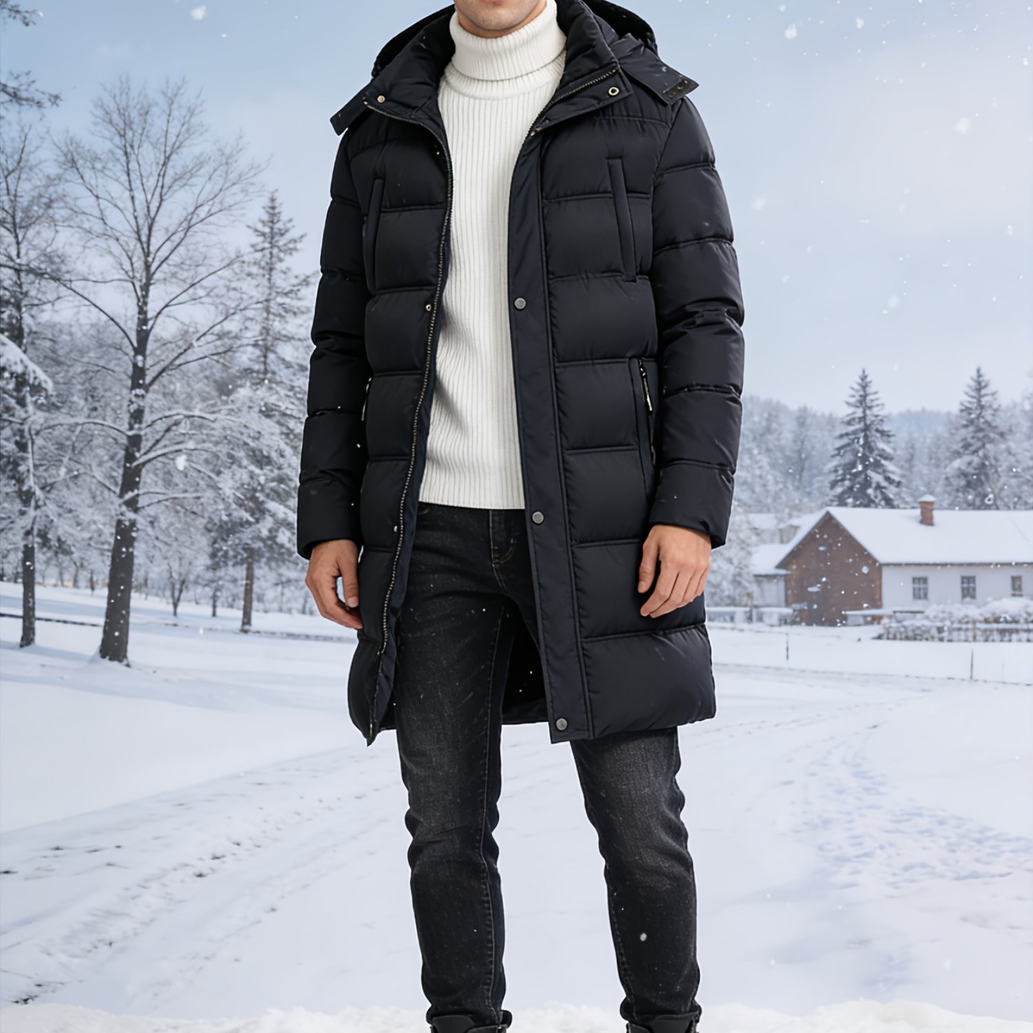 TEMU Abrigo largo de invierno para hombre, estructura gruesa con forro polar, capucha desmontable y múltiples bolsillos, exterior y versátil para