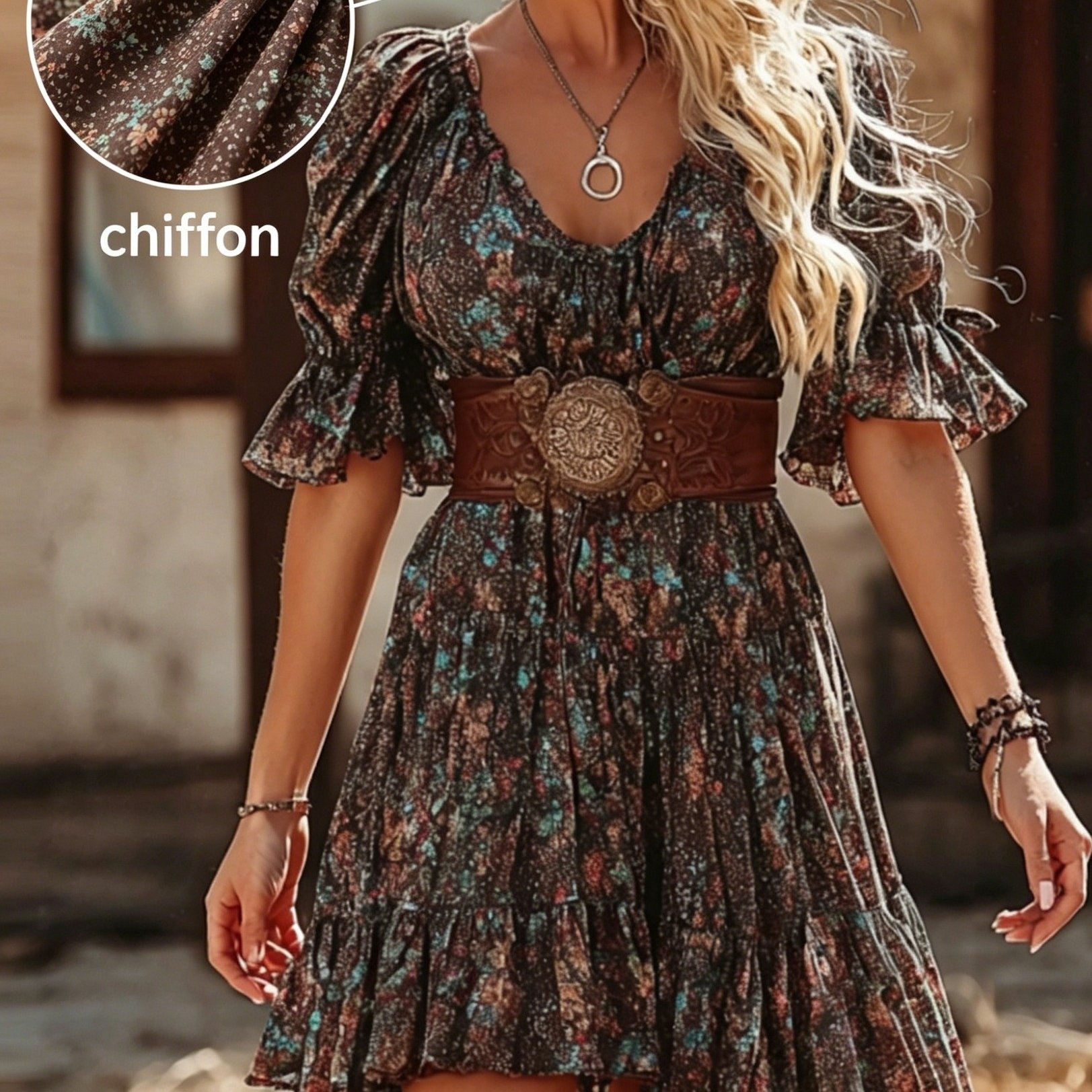 TEMU [development Td1230077] Women's Vintage Bohemian Floral Print Dress With Flared Sleeves (belt Not Included)