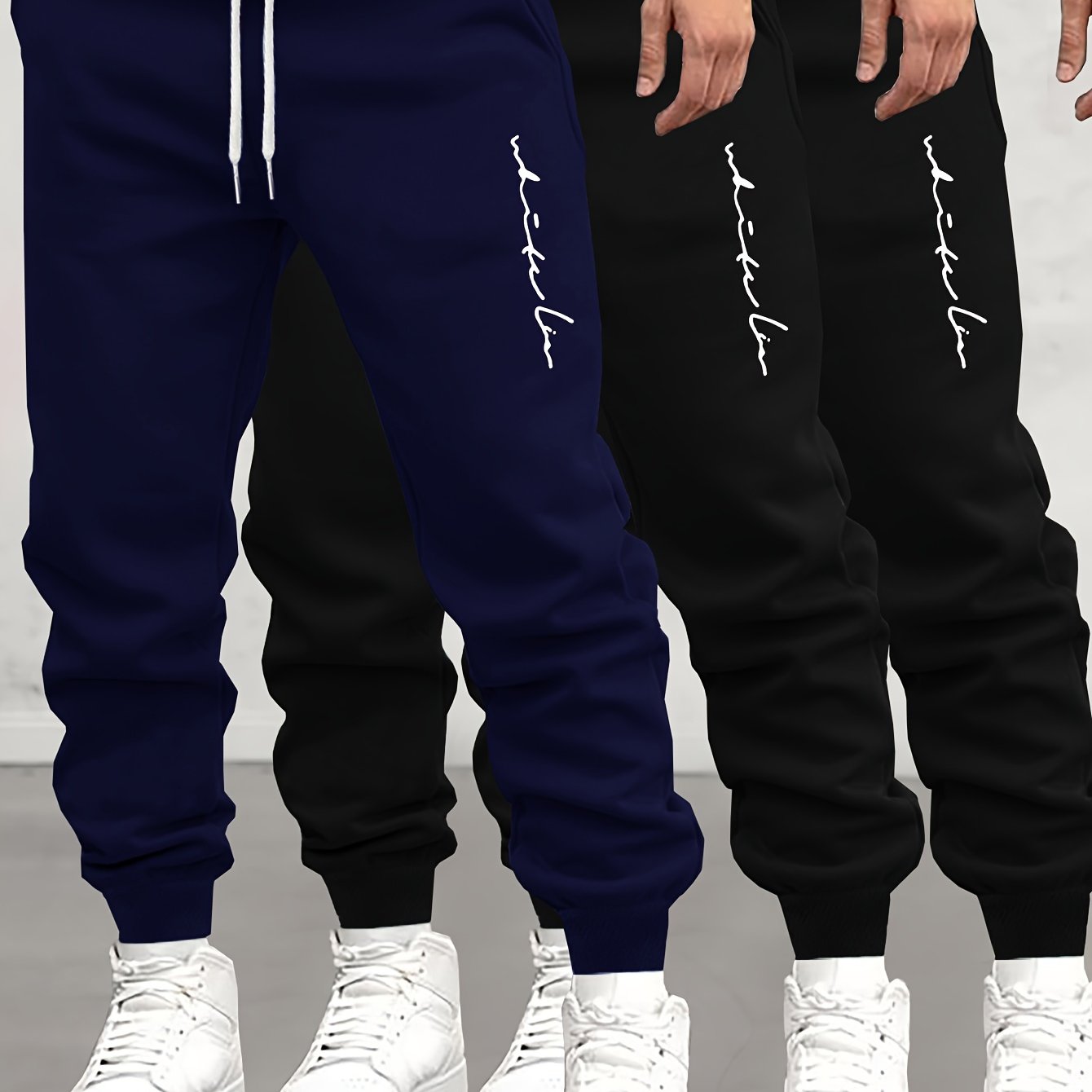 TEMU 3pcs Men's Casual Joggers - Comfortable Polyester Sweatpants With Drawstring, Geometric Pattern For Fall & Winter Outdoor Activities
