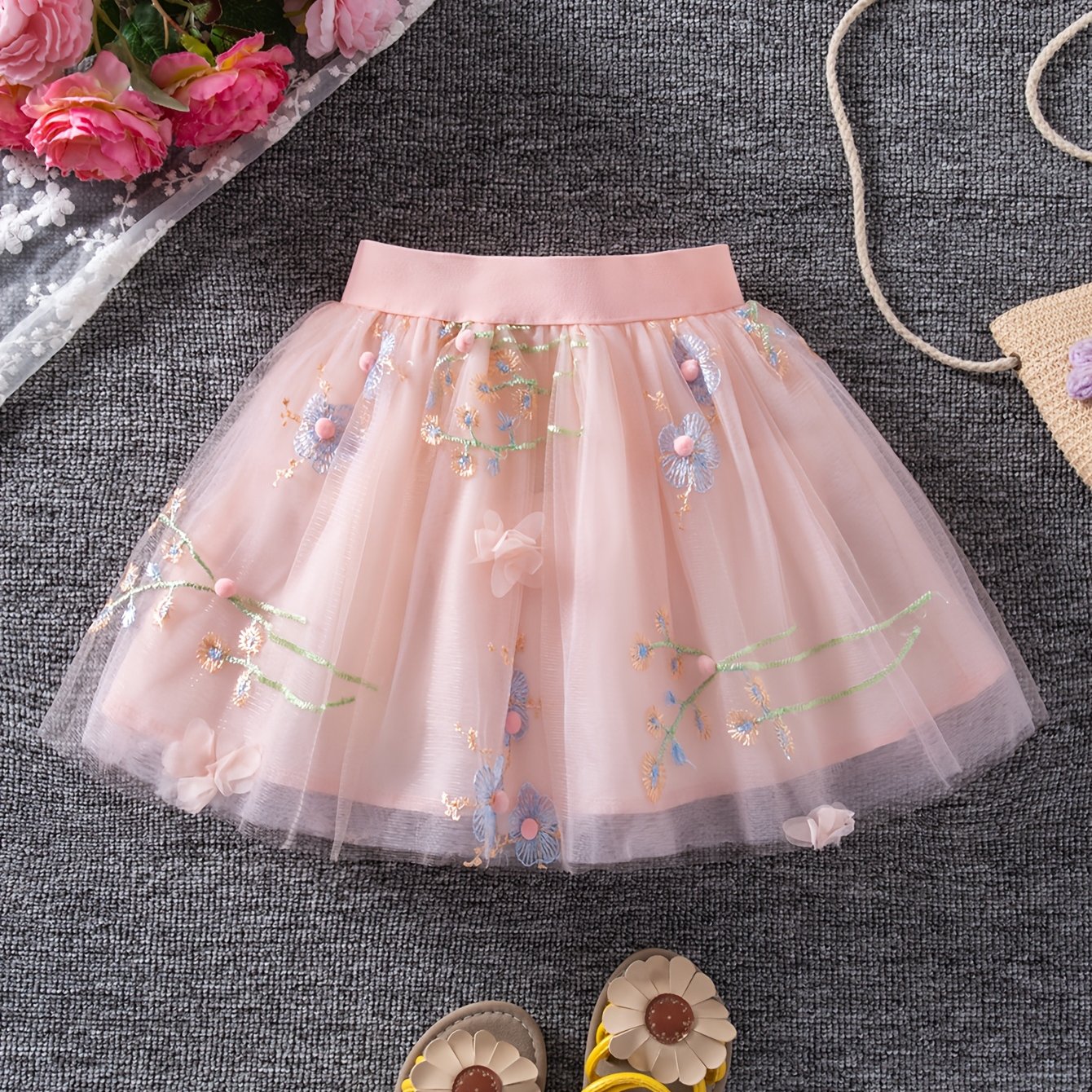 Image of Girl's Skirt, Children's Princess Puffy Dress, Baby Embroidered Flower Skirt, Girl' Dance Dress