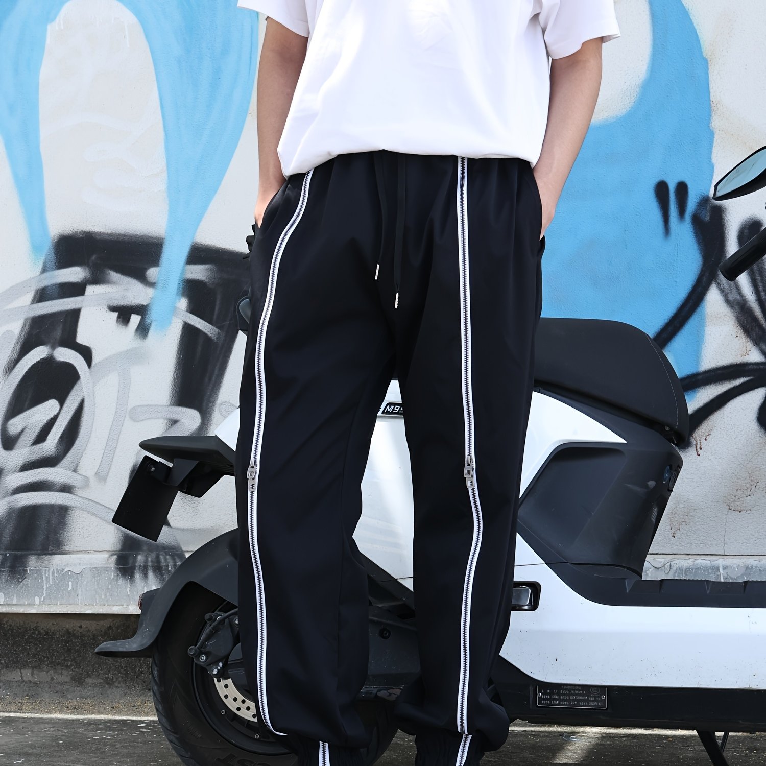 Image of Yulei Rice Men's Black Trendy Long Zipper Athletic Casual Pants Street Techwear Side Zipper Joggers