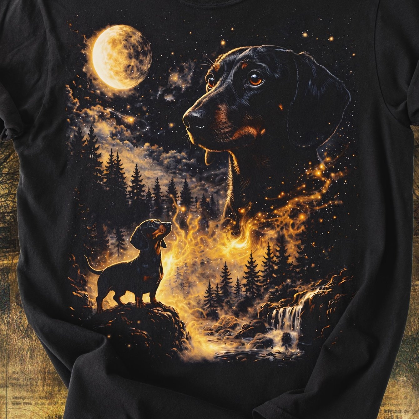 Image of Dachshund At Moon T-shirt - Retro Dog Lover Gift Suitable For Mom, Dad, Doxie Owners, Short Sleeve Crew Neck Casual Tee With Dachshund Print, Machine Washable For - Wear