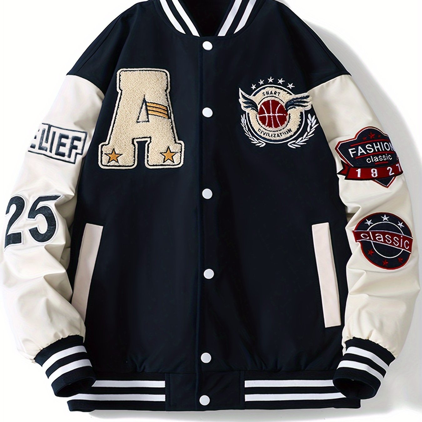 TEMU Men's Trendy Embroidered Varsity Jacket - Casual Color Block Baseball Collar, Button-up Outerwear For Spring & Fall