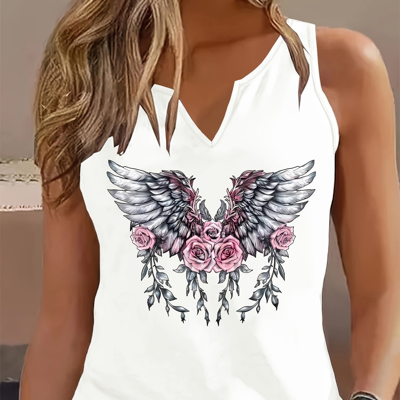 TEMU Fashionable Women's Tank Top With A Refreshing Design, Featuring A V-neck And Sleeveless Style, With Winged Rose Prints, Breathable And Comfortable For Everyday Wear