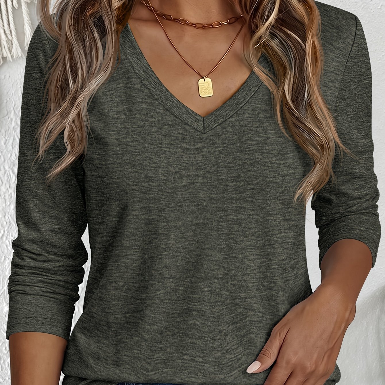 TEMU Women's V-neck Long-sleeve T-shirt, Casual And Relaxed , Soft And Elastic Lightweight Top, Top For Daily Wear And