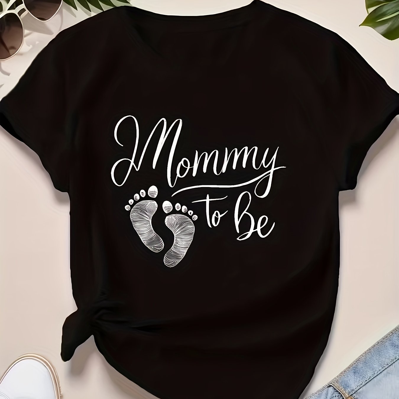 TEMU 1 Fashionable "mom-to-be" Graphic T-shirt - Soft Polyester, Crew Neck, For Women's Short Sleeve Casual Top - Spring/summer Season, Machine