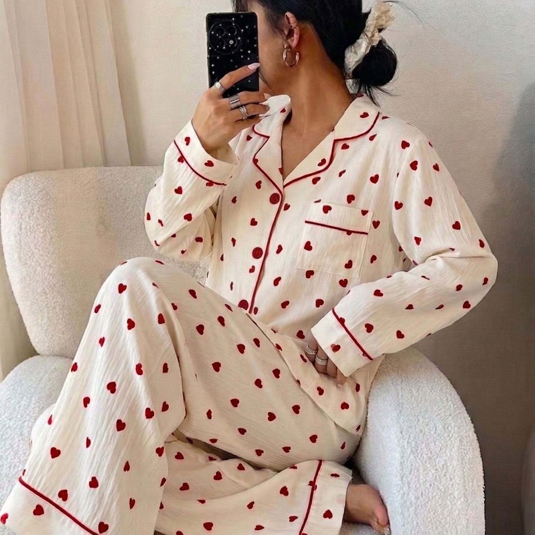TEMU Heart Pattern Skin-friendly Comfortable Long Sleeve Button-up Pajama Set