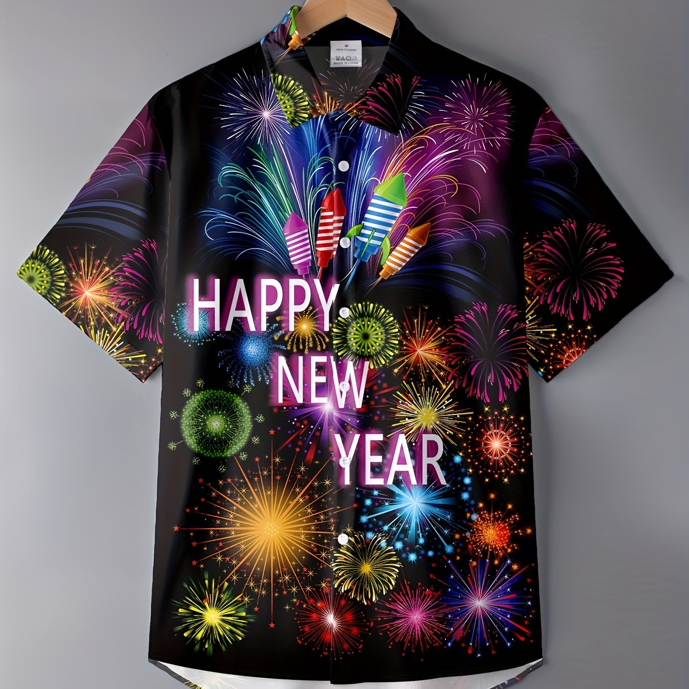 A Stylish And Cool Short-sleeved Shirt For Men Celebrating Year, Featuring A Black Background With Colorful Fireworks That , Perfect For Festive Occasions With A Collar And Button Design