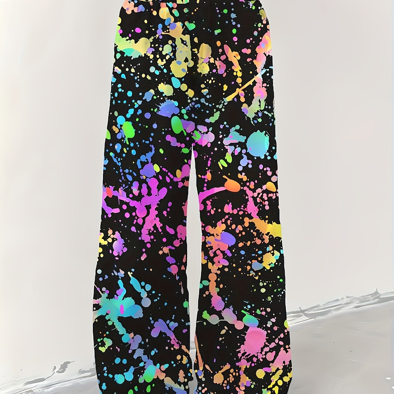 TEMU Women's Wide-leg Pants, Splatter Print, Soft And Breathable Fabric, Machine Washable, Durable And Non-fading Print, Comfortable For , Suitable