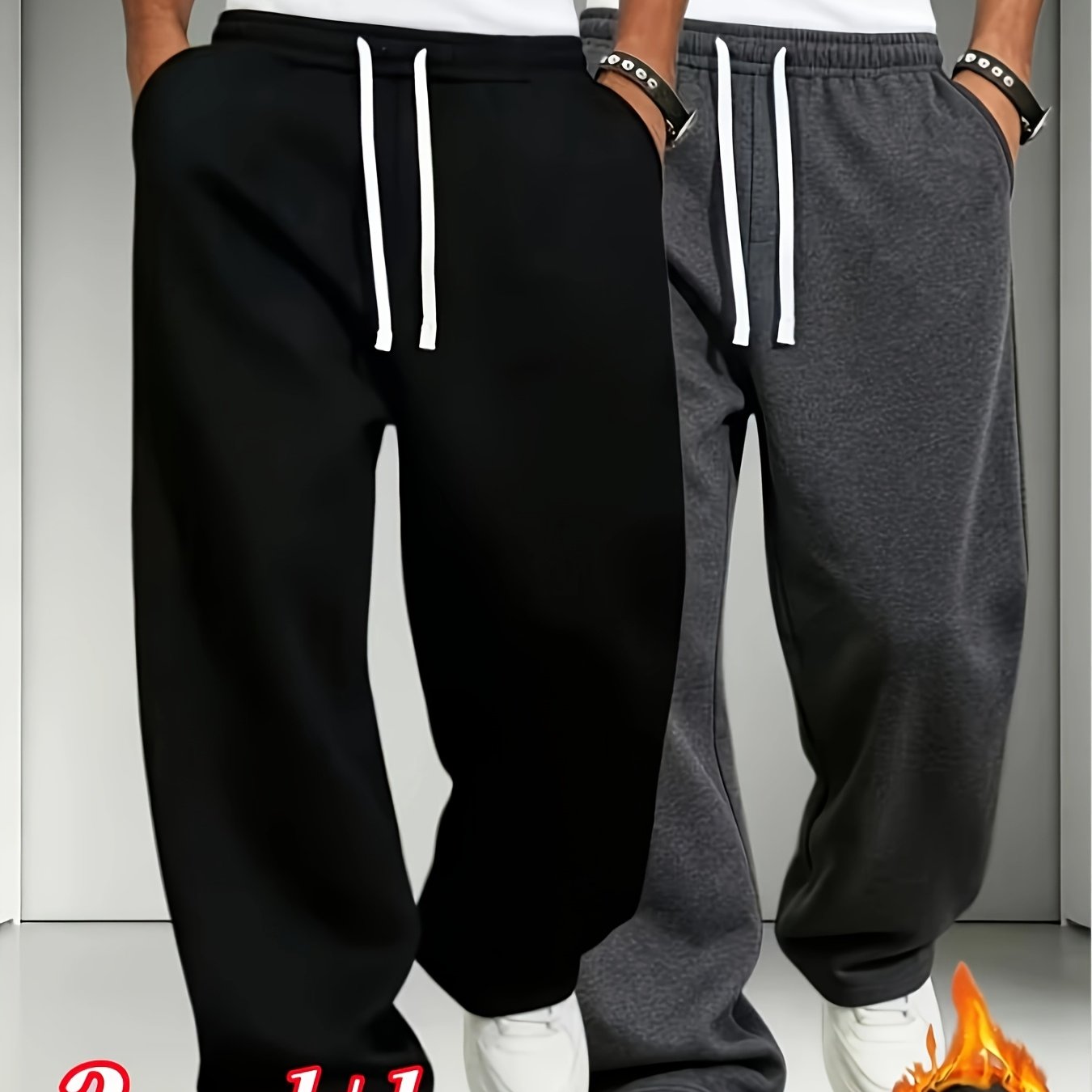 TEMU 2pcs Men's Elastic Waist Drawstring Jogger Pants, Loose Straight-leg Casual Pants, Soft Knit Sweatpants, Suitable For Daily Outdoor Wear, Autumn