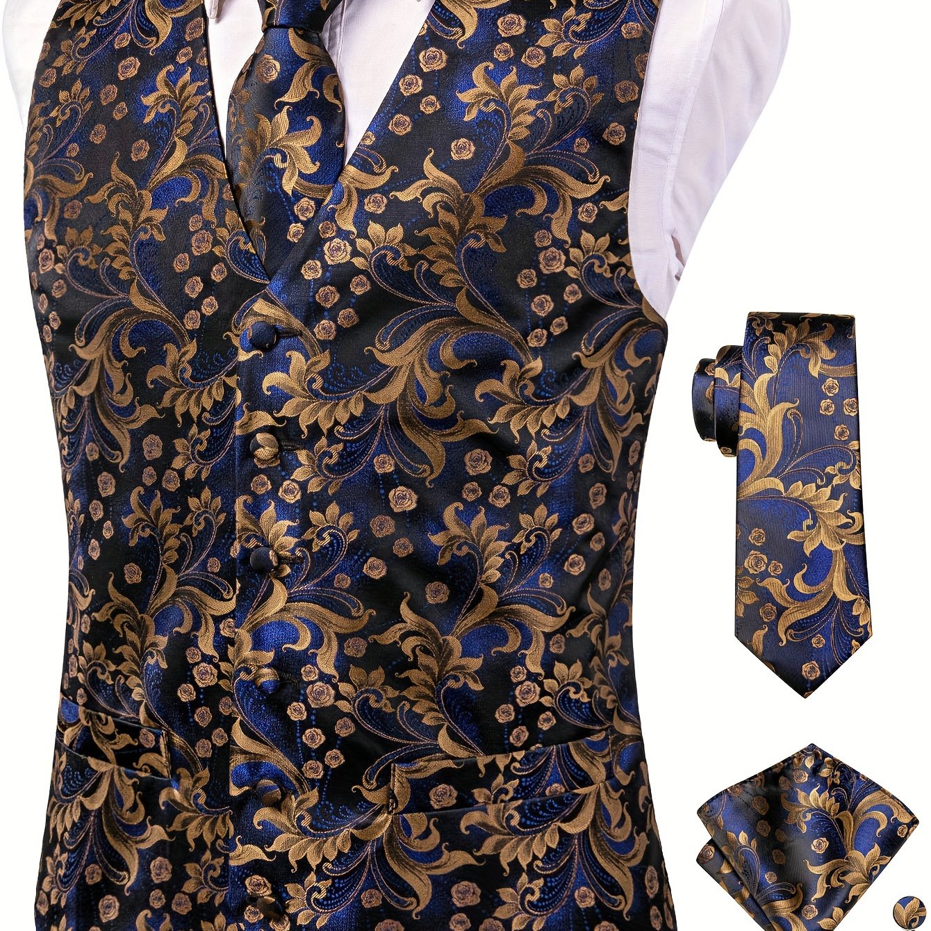 TEMU Fashion Men's Wedding Party Suit Vest Set Waistcoat + Tie + Handkerchief + Cufflinks
