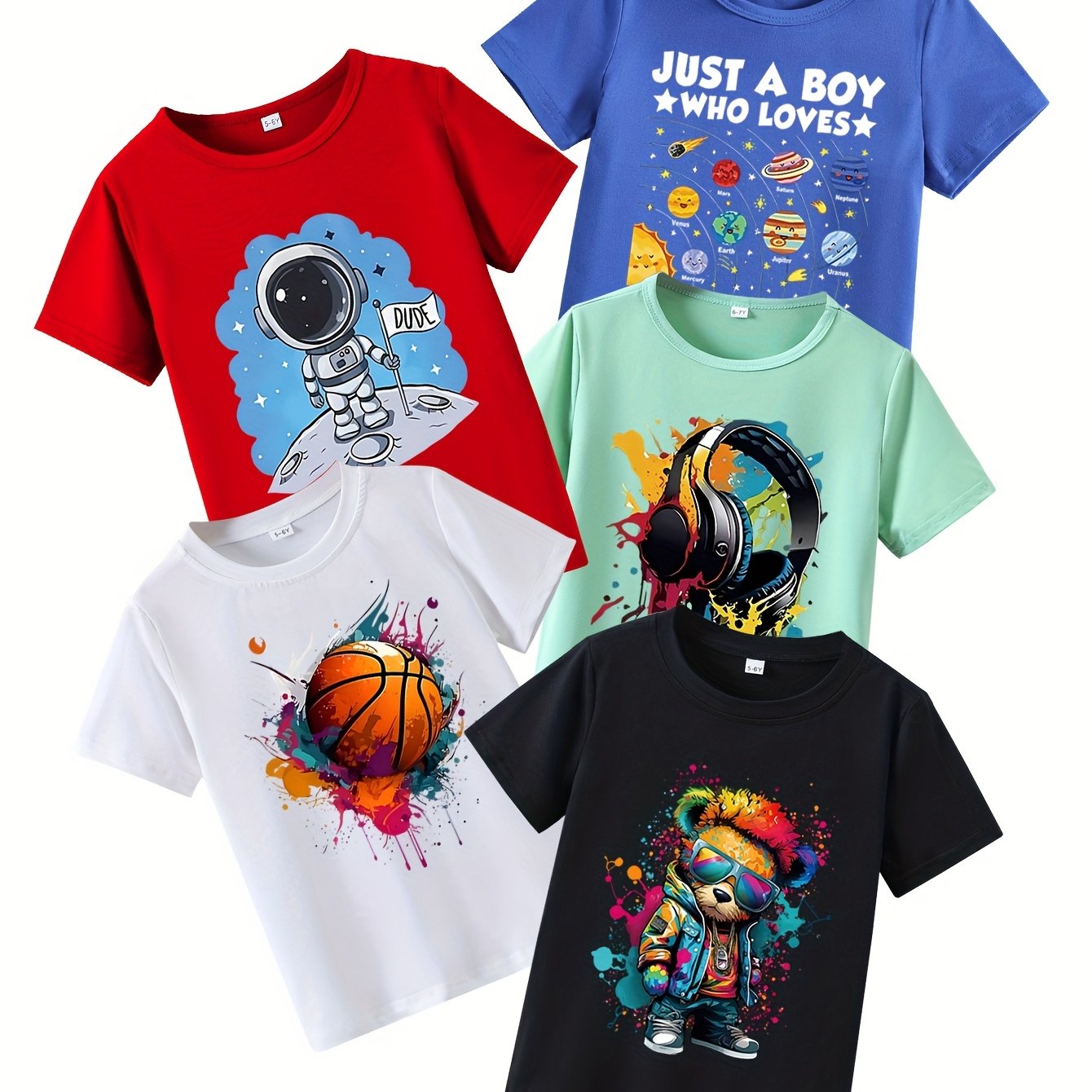 E-shop Fünferpack Jungen-Sommer-Kurzarm-T-Shirts mit "elements Boys Love" Druck: Galaxie, Astronaut, Kopfhörer, , Cooler Bär