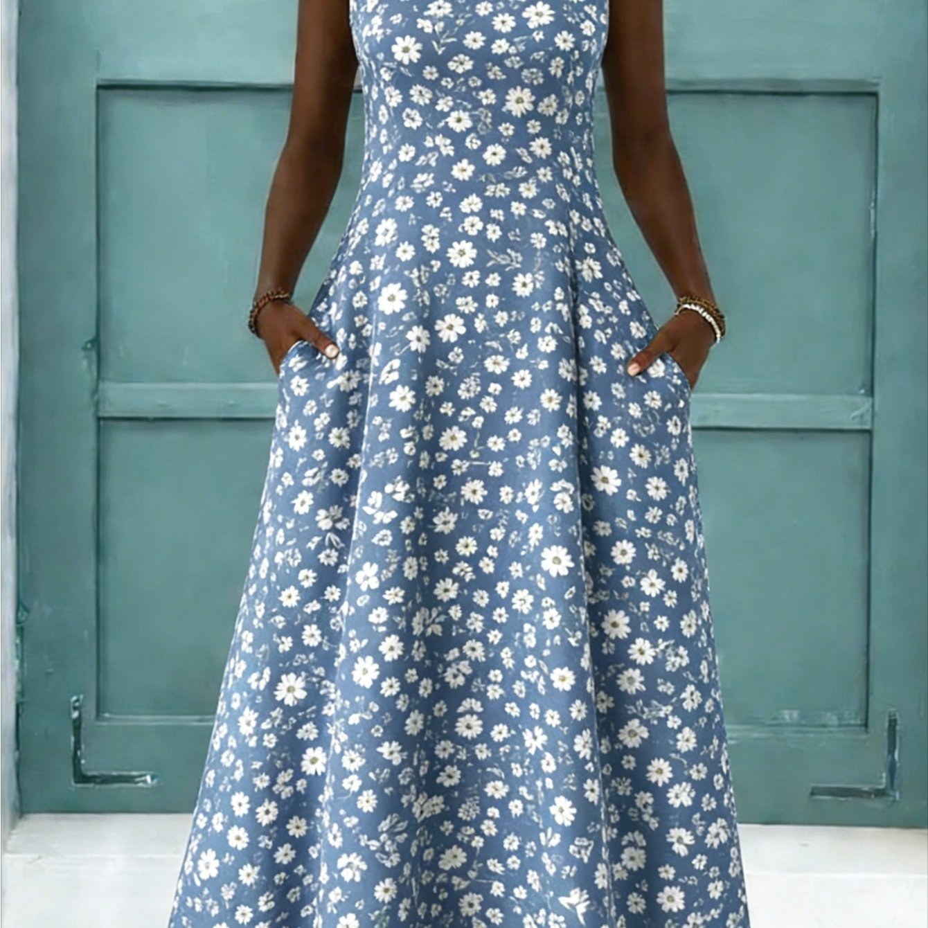 Image of Plus Size, Plus Size Ladies Summer Dress | Sleeveless Crew Neck, Geometric Floral Print, Casual Elegant Party Dress, Medium And Long, Stretch , Soft Fabric | Perfect For Valentine's Day Gifts