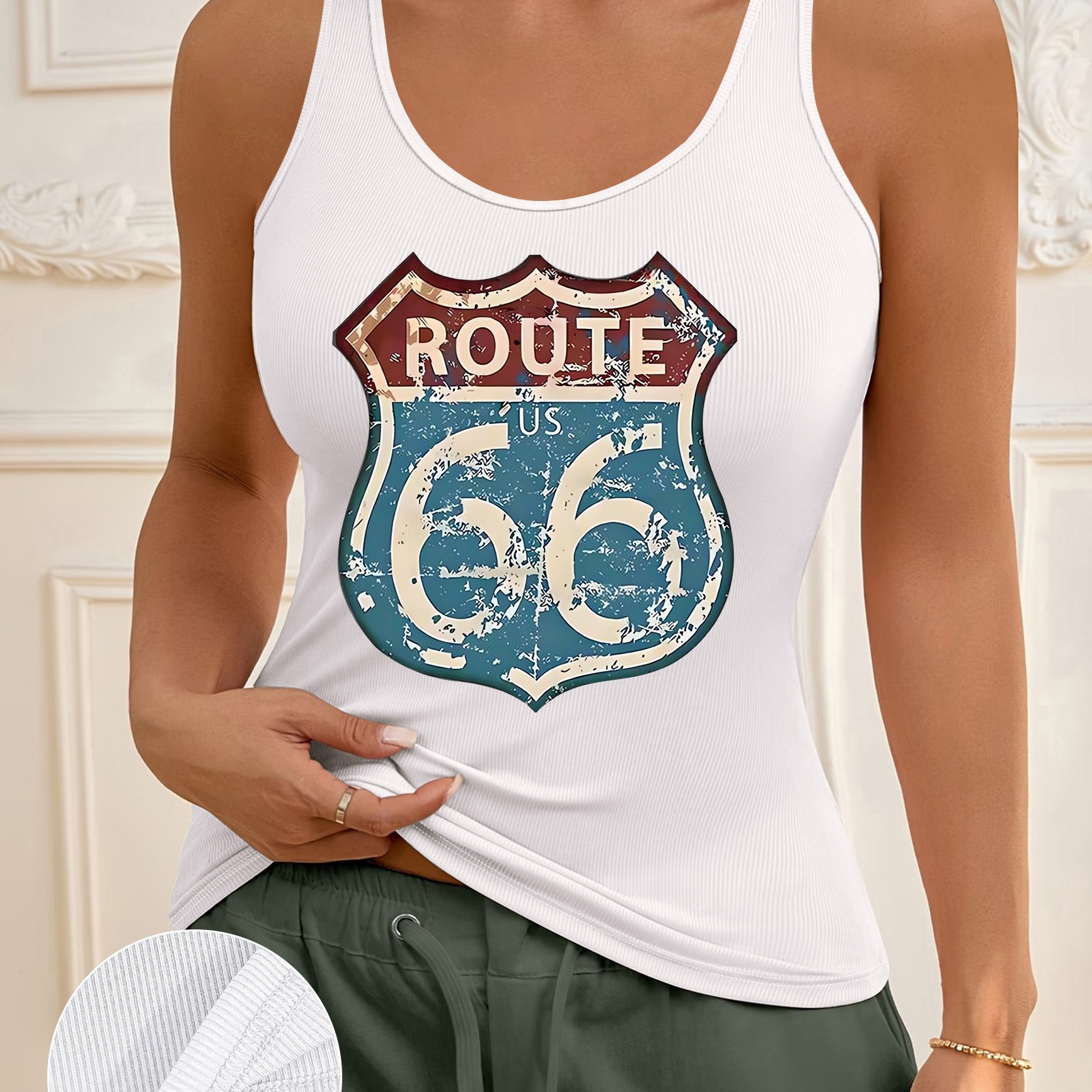 TEMU Women's Vintage Print Off-shoulder Ribbed Tank Top - Sleeveless Close-fit Blouse Style Shirt Suitable For Home, Commuting & , Machine Washable