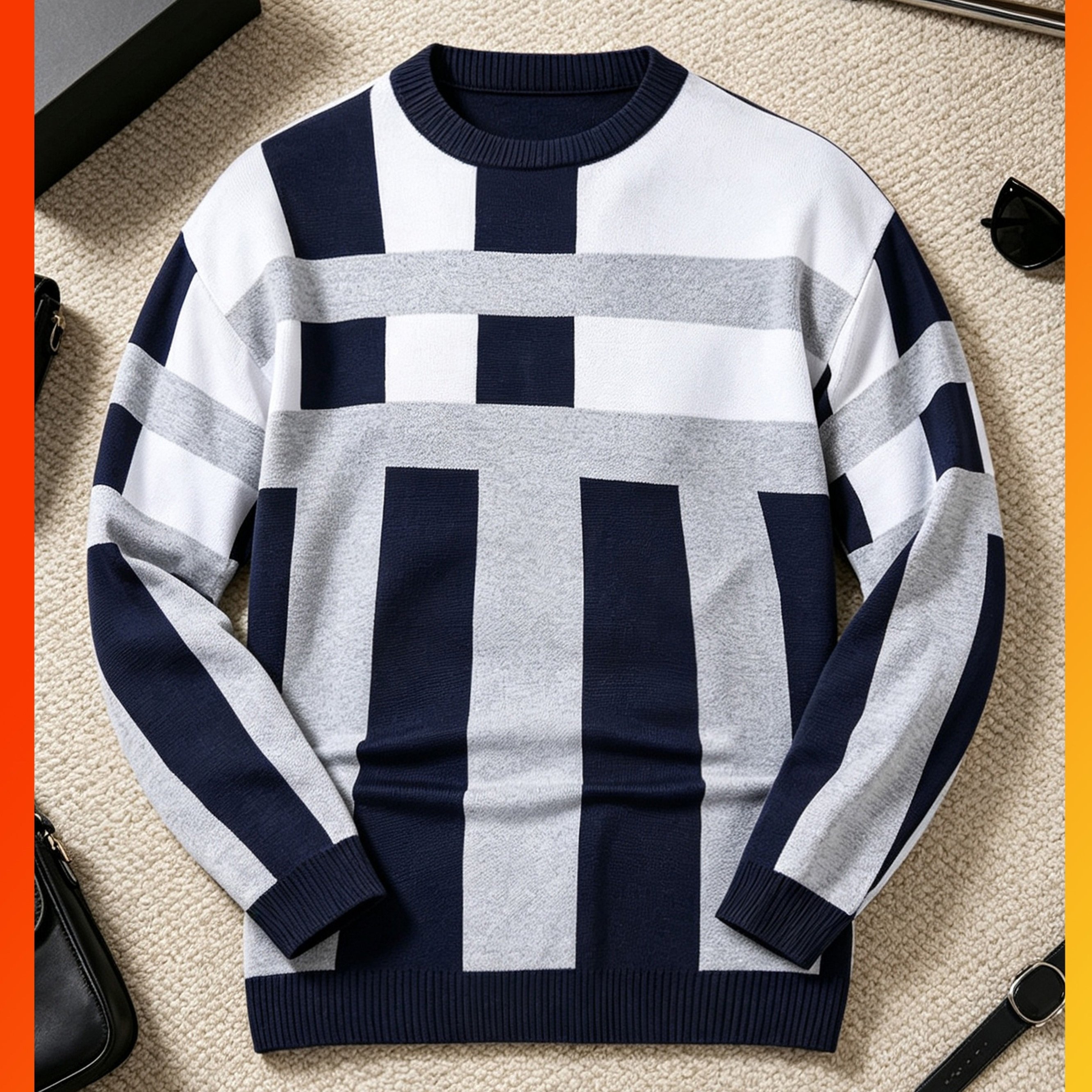 Image of Festival Gift Single Piece Men's Black White Gray Contrasting Color Round Neck Knit Sweater Block Splicing Trendy Casual Autumn And Winter Loose Drop Shoulder Daily Commuting Pullover Top