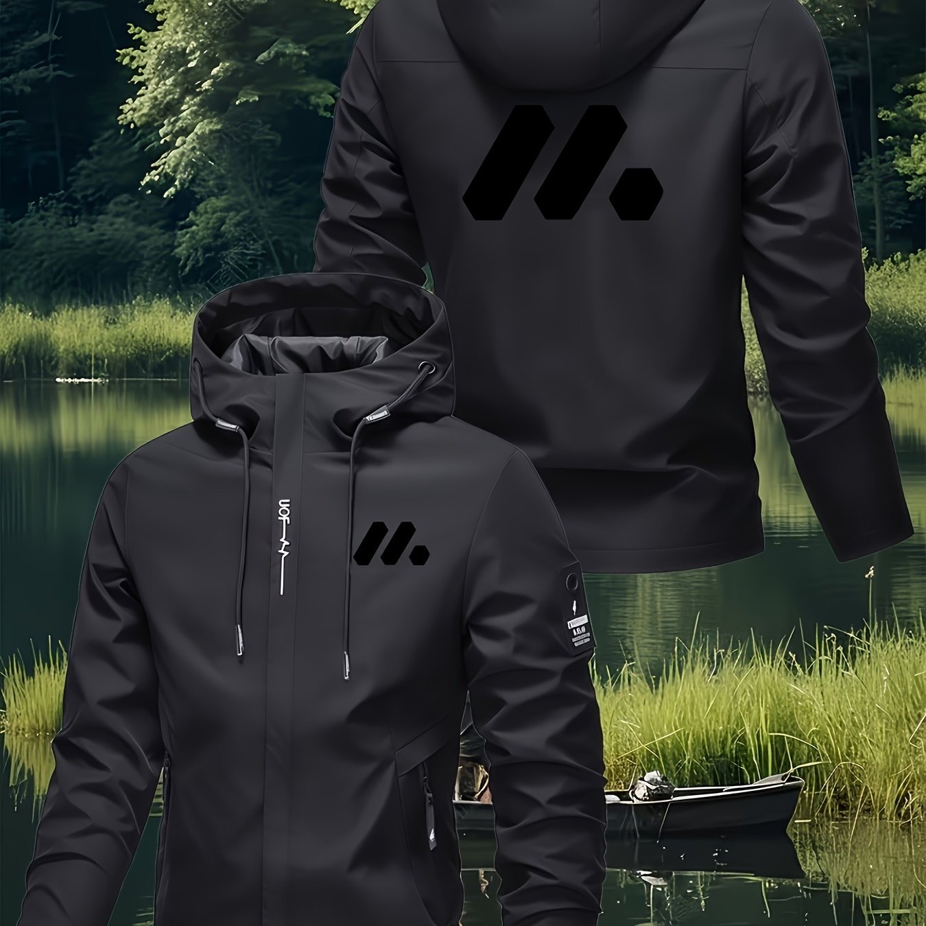 TEMU Unisex Windproof Durable Hard Shell Jacket - Professional Workwear With Front Zipper, Adjustable Drawstring Hood, Multiple Zippered Pockets -