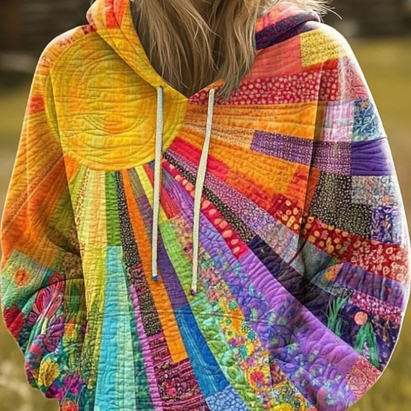 TEMU Women's Sun Pattern Printed Pullover Hooded Sweatshirt, Vintage Bohemian Style Women's Hoodie, Front , Bright And Warm Colors, Women's Casual